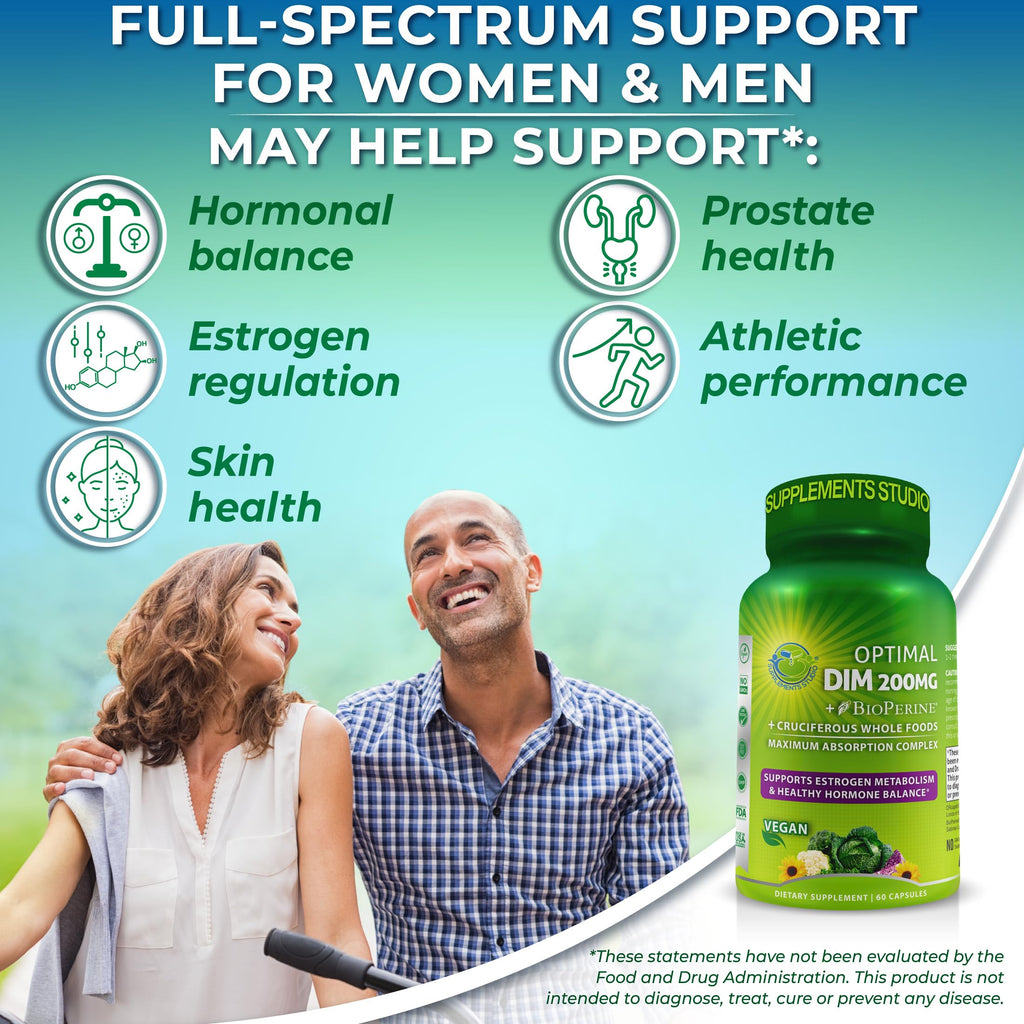 Optimal DIM 200mg Supplement for Women and Men - Made with Organic Whole Foods - Estrogen & Hormone Balance Support Diindolylmethane Complex - Maximum Absorption Delayed-Release Capsules - 60 Count SUPPLEMENTS STUDIO Au supplements