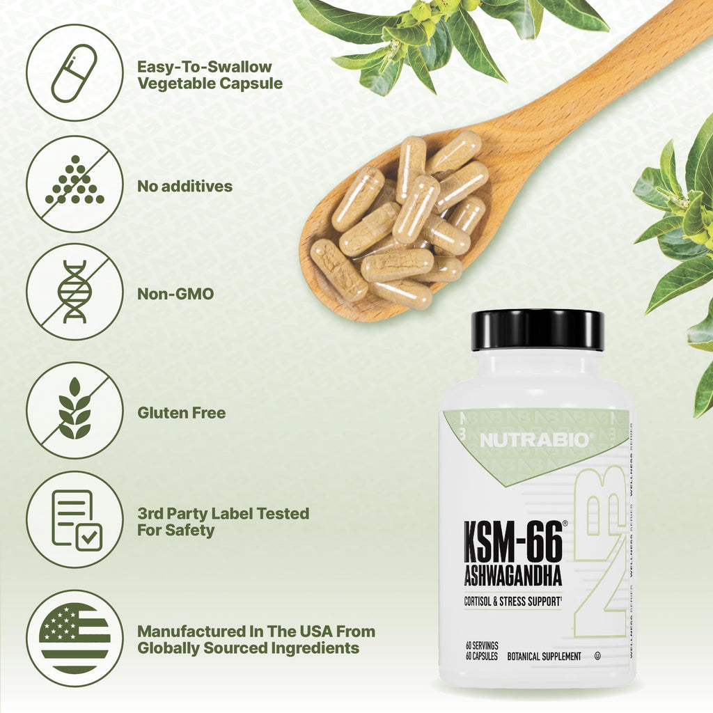 NutraBio Ashwagandha KSM-66 | Ashwagandha Herbal Supplement for Stress, Mood, & Performance | 600 MG of Clinically Studied KSM66 60 Capsules NutraBio Au supplements