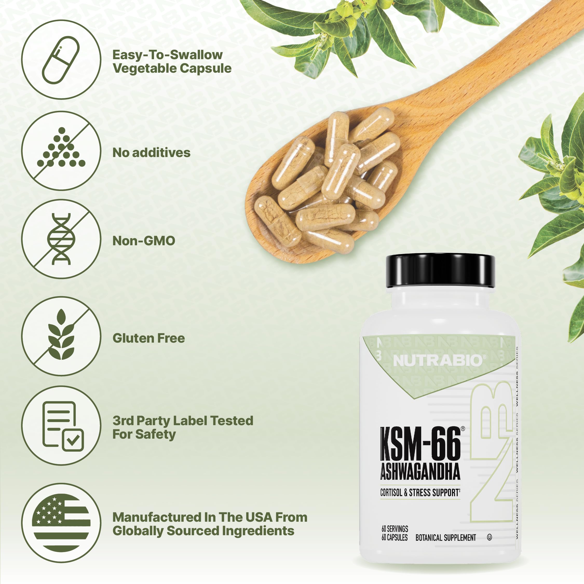 NutraBio Ashwagandha KSM-66 | Ashwagandha Herbal Supplement for Stress, Mood, & Performance | 600 MG of Clinically Studied KSM66 60 Capsules NutraBio Au supplements