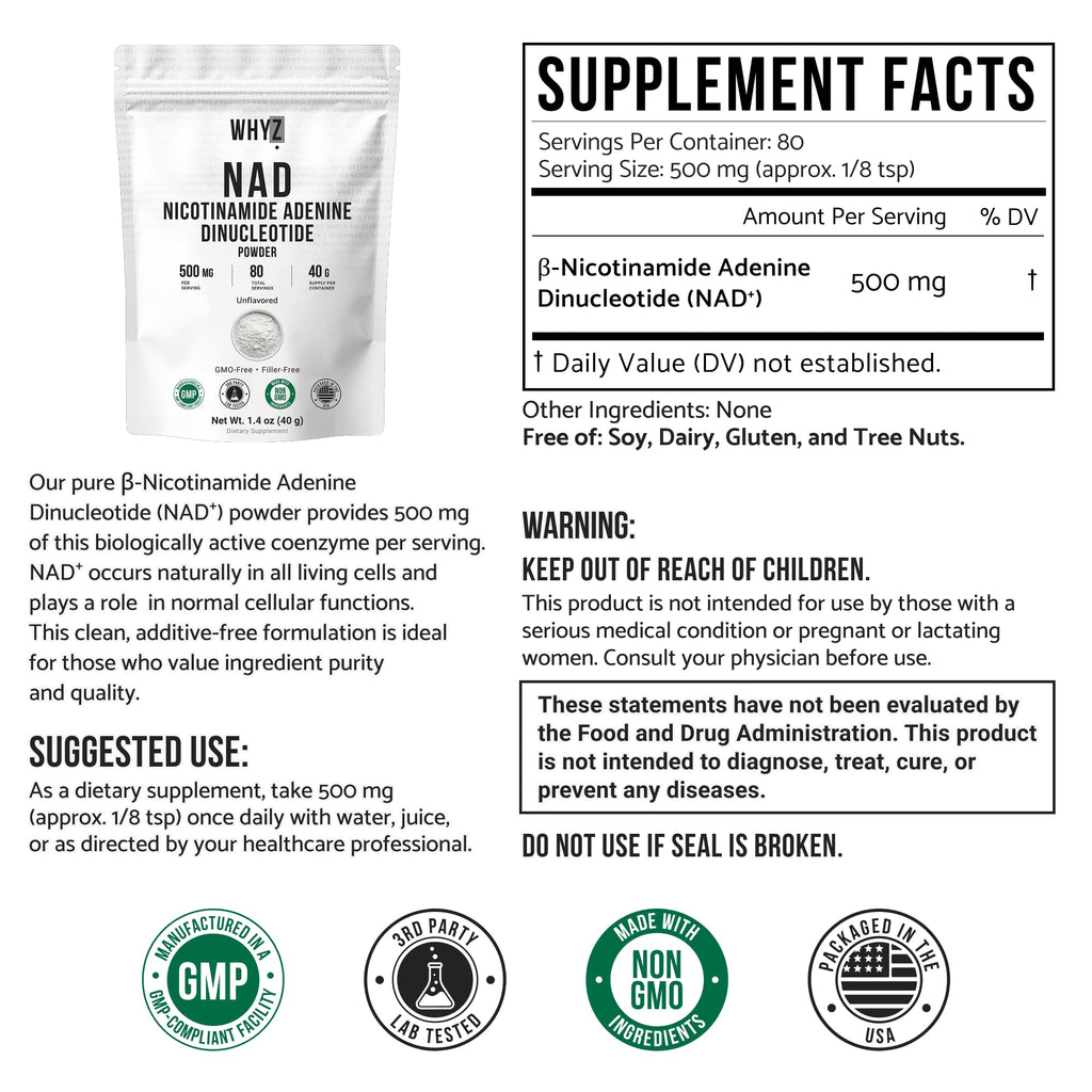 Pure NAD Powder Nicotinamide Adenine Dinucleotide Supplement Unflavored and Gluten-Free Premium Pure NAD Powder for Daily Wellness and Nutrition Support, 40g WHYZ Au supplements