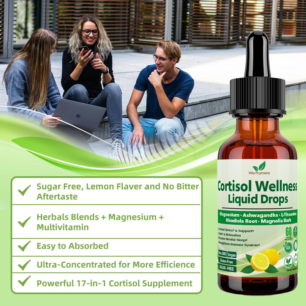 Vita PLynxera Cortisol Supplement Liquid Drops, 17-in-1 Cortisol Detox w. Magnesium Glycinate 400mg Ashwagandha, L-Theanine, Phosphatidylserine, Hormone Balanced