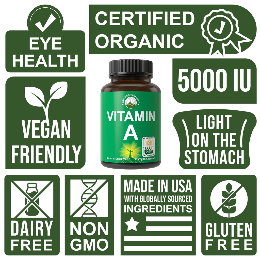 Certified Organic Vitamin A 5000 IU Supplement Capsules High Potency Vitamins. for Adults, Men, Women, Kids. Made with Carrot Juice. Great for Immune, Skin, Eye Support. Non GMO, Vegan Pills Peak Performance Au supplements