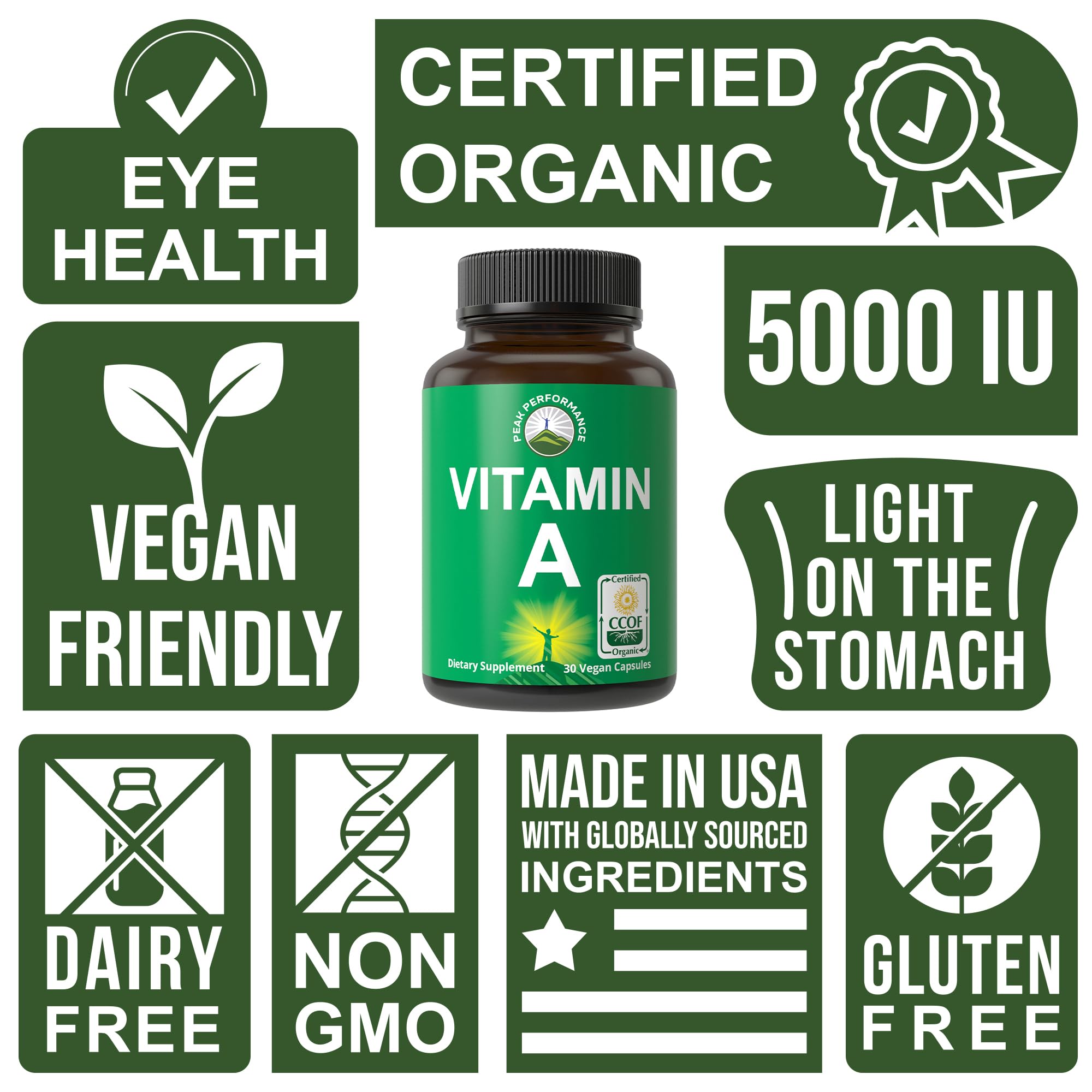 Certified Organic Vitamin A 5000 IU Supplement Capsules High Potency Vitamins. for Adults, Men, Women, Kids. Made with Carrot Juice. Great for Immune, Skin, Eye Support. Non GMO, Vegan Pills Peak Performance Au supplements
