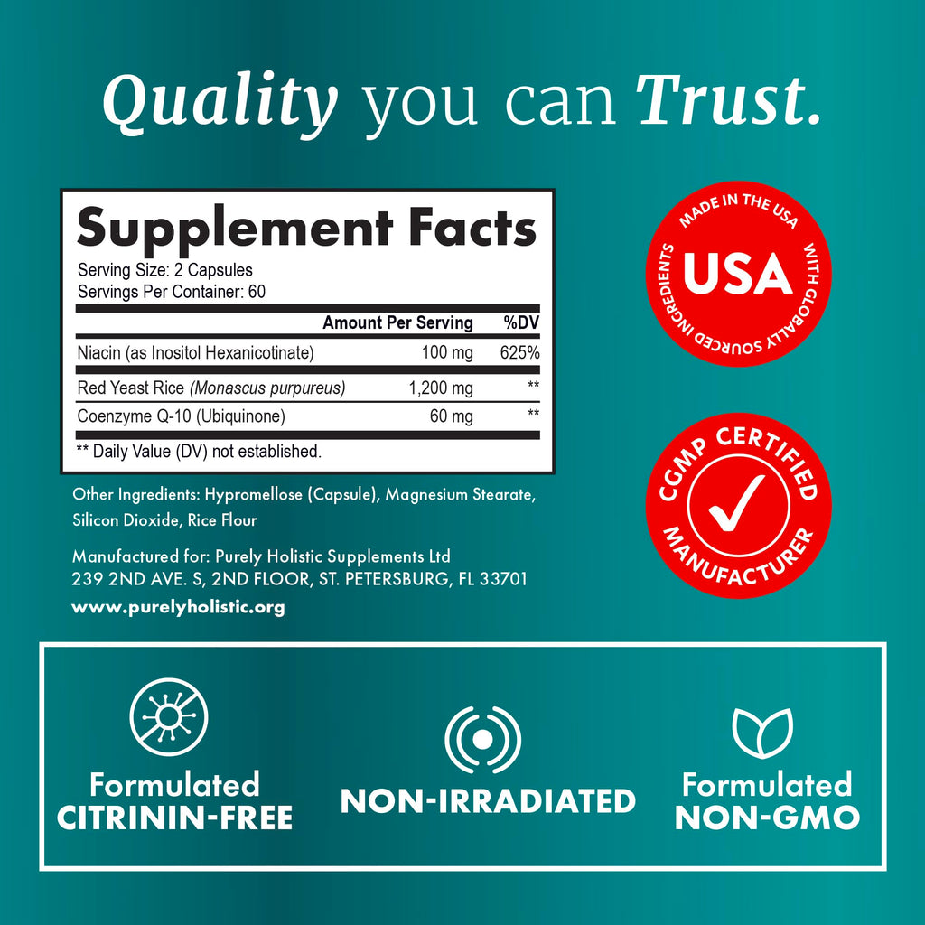 Red Yeast Rice with CoQ10 Supplement | Healthy Cholesterol Levels & Heart Health Support | Extra Strength Red Yeast Rice 1200 MG (600 MG Per Capsule) with Monakolin K