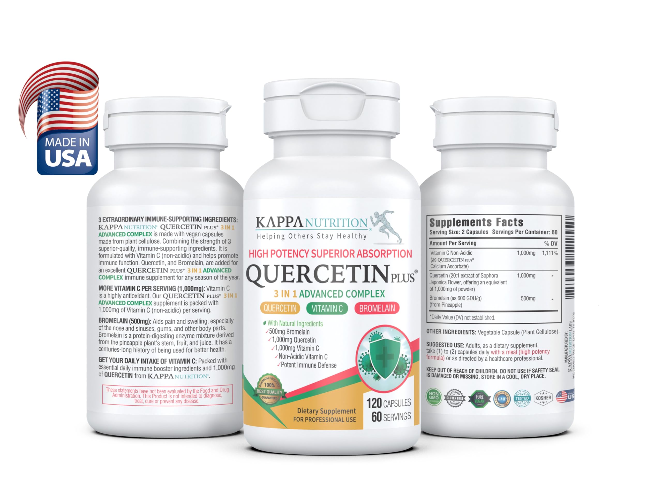 QUERCETIN PLUS, Quercetin 1,000mg, Bromelain 500mg and Vitamin C 1,000mg, (120 Capsules), 3 in 1 from Bioflavonoids, Supports Immune, Cardiovascular & Respiratory Health, Seasonal Allergy Relief. KAPPA NUTRITION Au supplements
