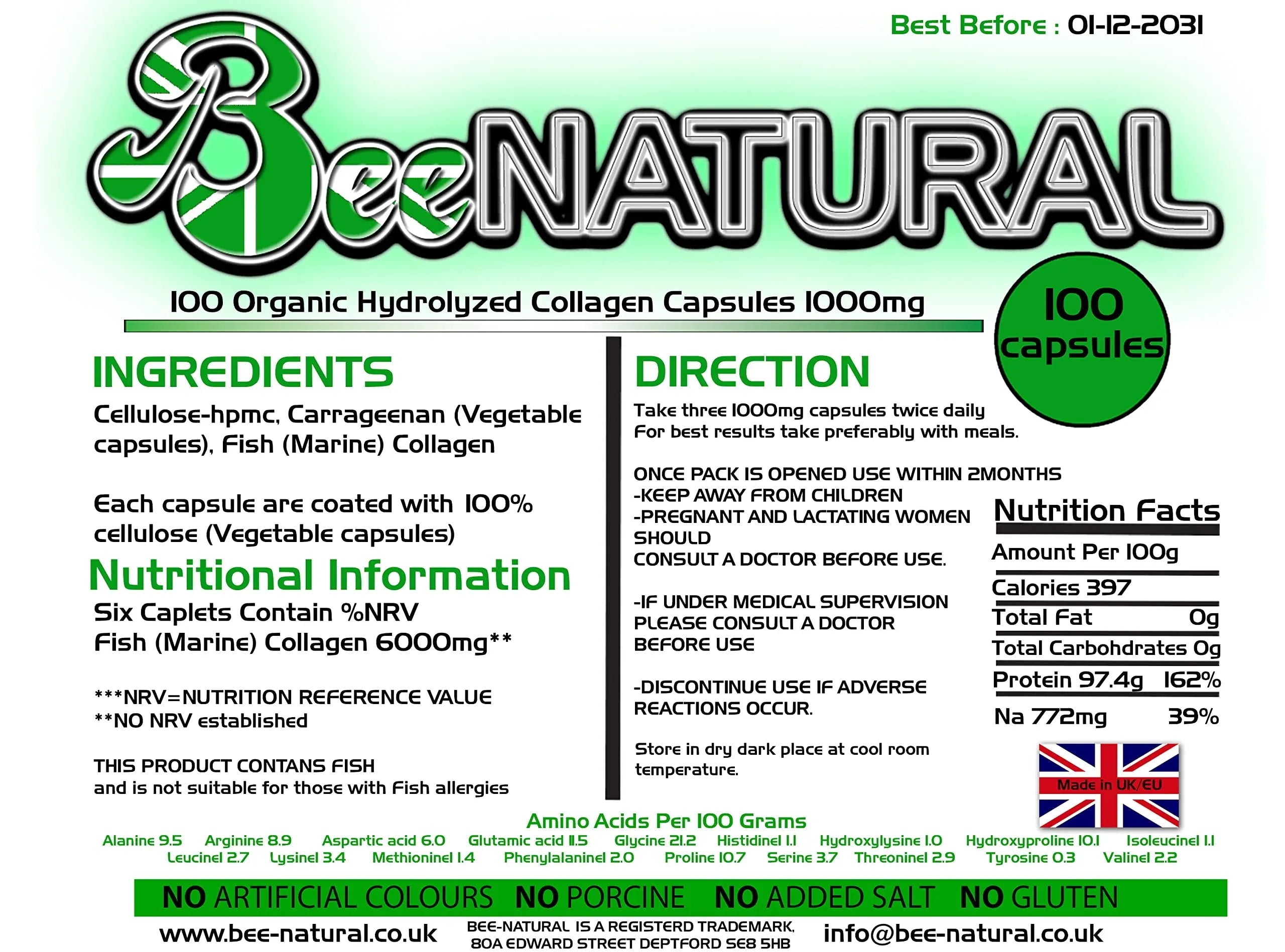 100 Hydrolyzed Collagen Capsules 1000mg Bee-natural Bee-natural Au supplements