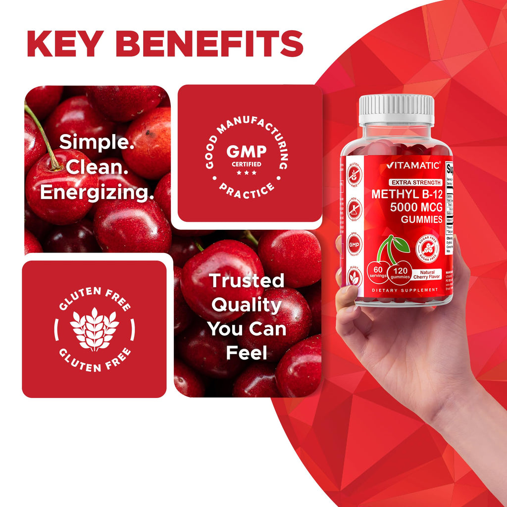 Vitamatic Extra Strength Vitamin B12 5000 mcg (Methyl B12) Gummies - 120 Count - Energy Metabolism Support and Nervous