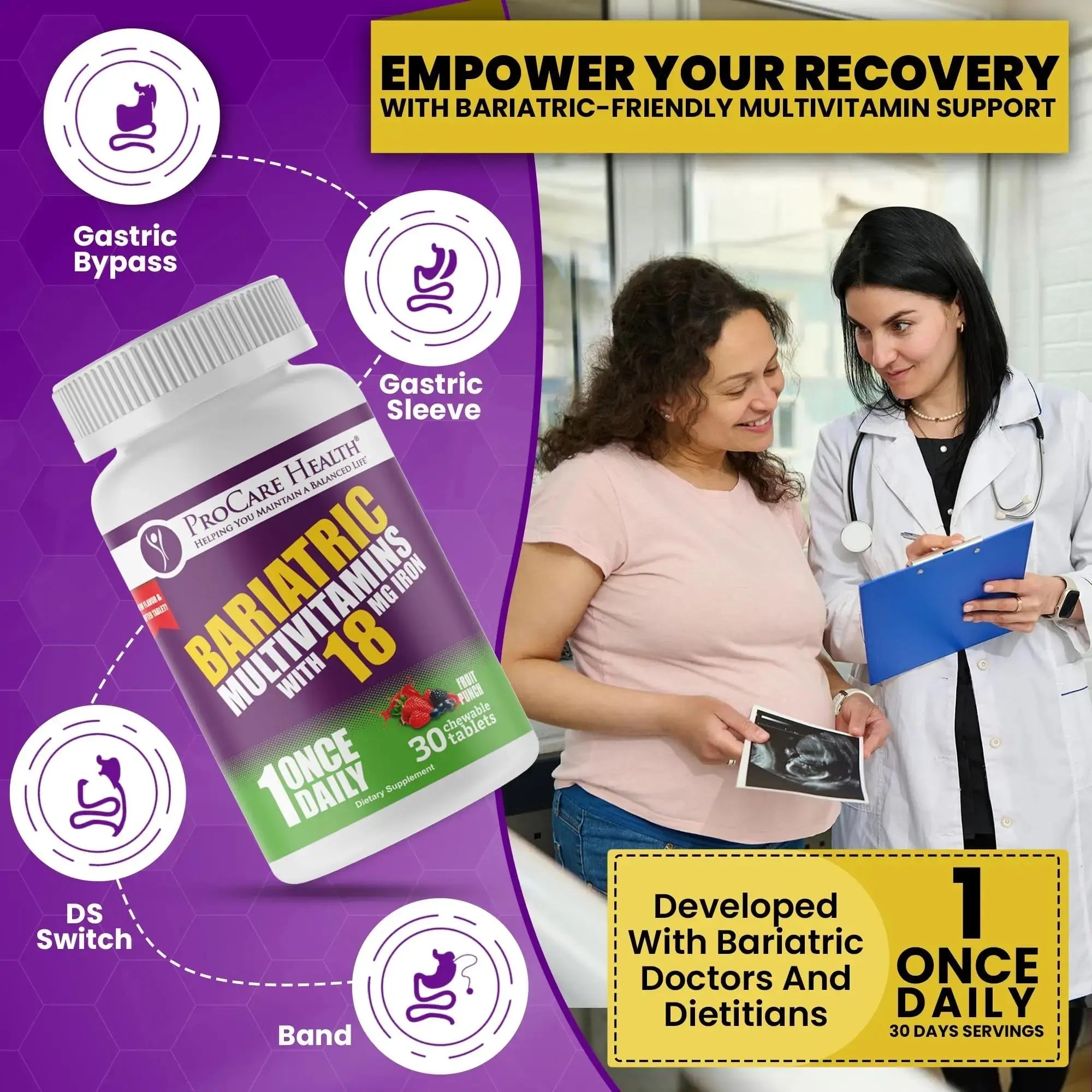 ProCare Health Bariatric Chewable Multivitamin with Iron 18mg (30 Tablets) - Fruit Punch Flavor Bariatric Multivitamin Chewable ProCare Health Au supplements