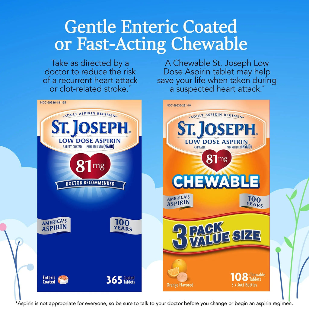 St. Joseph Aspirin Pain Reliever (NSAID) 81mg, Chewable Orange Tablets Adult Low Dose Regimen , 108 ct (3 x 36 ct Tablets per Bottle) St. Joseph Au supplements