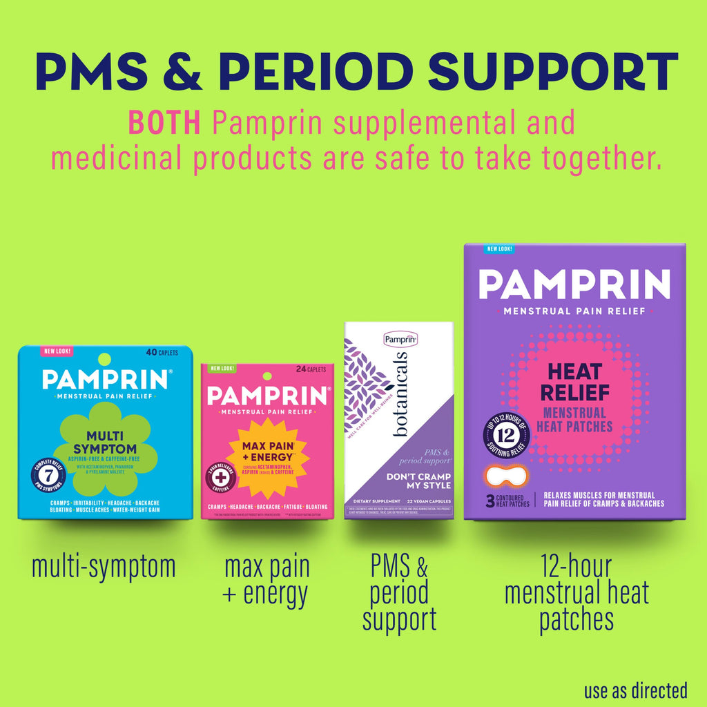 Pamprin Multi-Symptom Formula, with Acetaminophen, Menstrual Period Symptoms Relief including Cramps, Pain, Bloating, and Irritability 40 Caplets Pamprin Au supplements