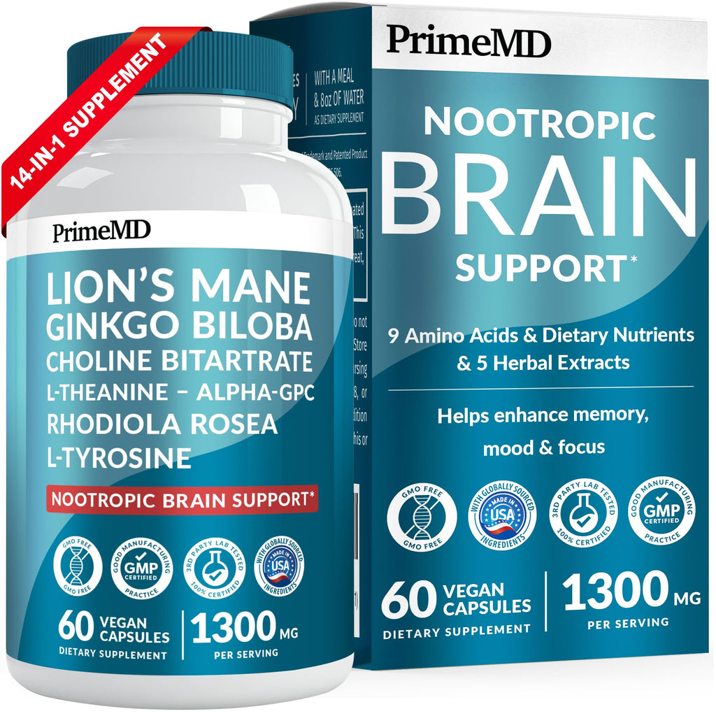 14-in-1 Lions Mane Supplement Capsules - Nootropic Brain Supplement with Ginkgo Biloba for Brain Support, Memory and Focus - Alpha GPC, L Theanine & Choline Supplements with 1300mg Per Serving (60 ct) PrimeMD Au supplements