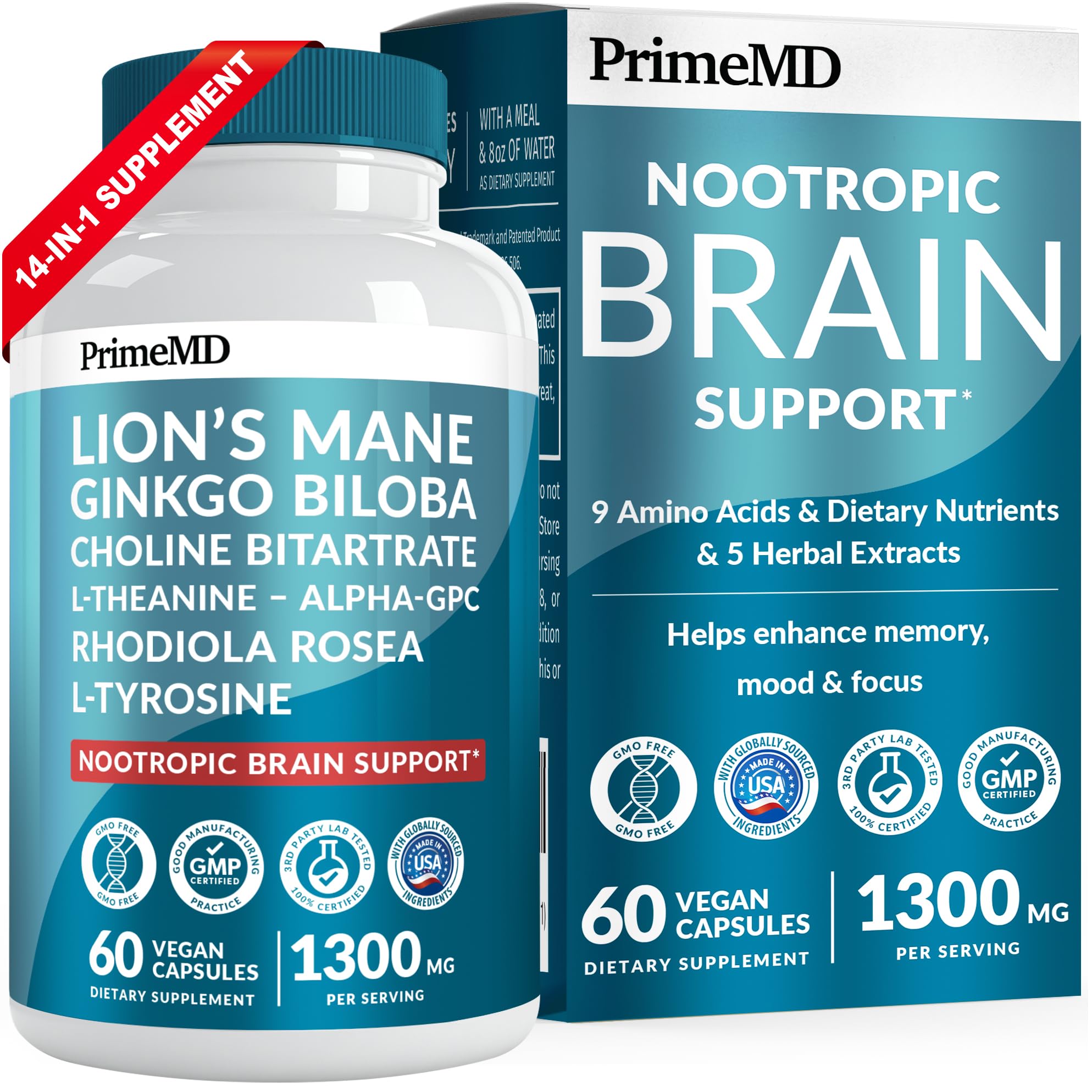 14-in-1 Lions Mane Supplement Capsules - Nootropic Brain Supplement with Ginkgo Biloba for Brain Support, Memory and Focus - Alpha GPC, L Theanine & Choline Supplements with 1300mg Per Serving (60 ct) PrimeMD Au supplements