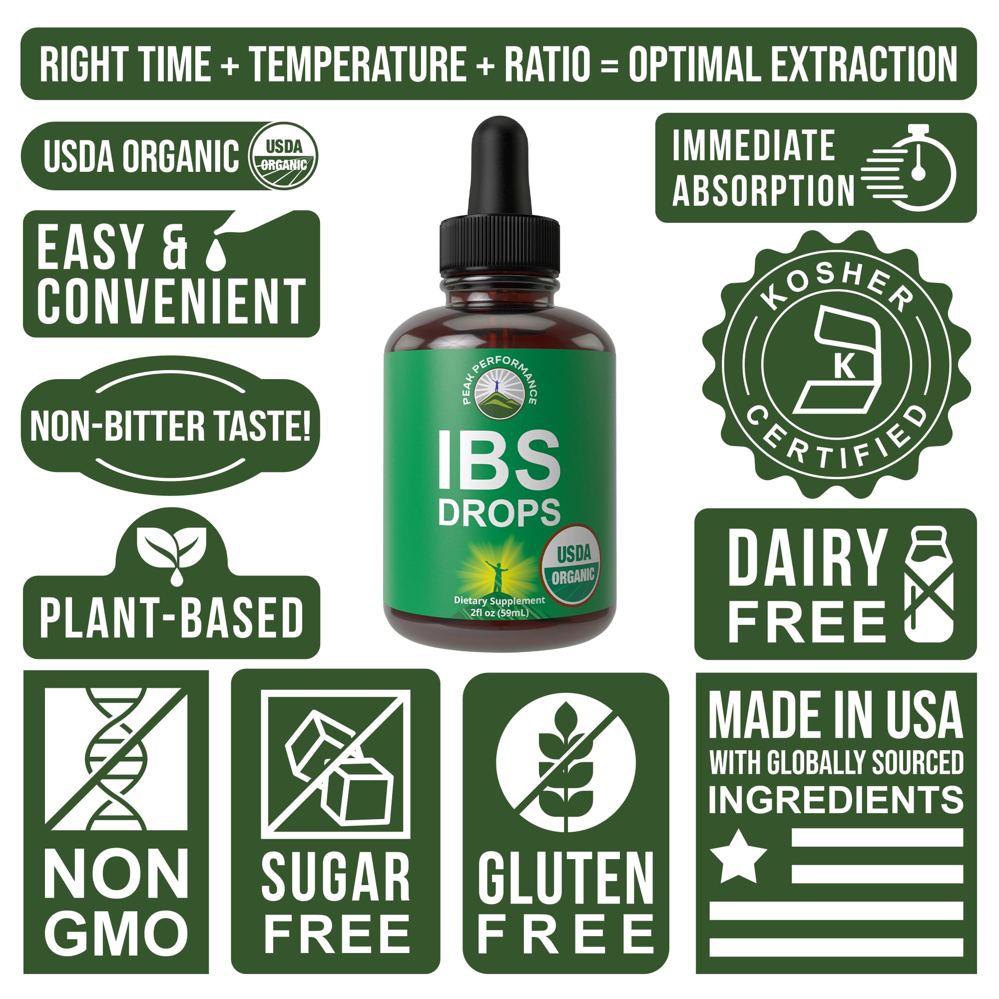 USDA Organic IBS Relief 5-in-1 Liquid Drops. for Ingestion, Bloating, Gas. Irritable Bowel Supplement with 5 Organic Ingredients. Peppermint Oil, Fennel Seed, Chamomile Flower, Rosemary, Holy Basil Peak Performance Au supplements