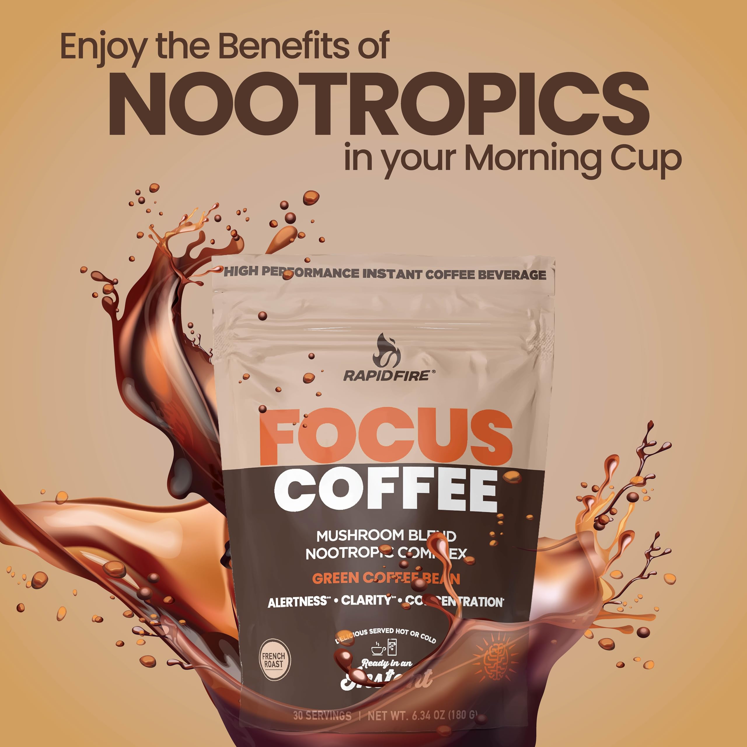 Focus Coffee Mushroom Blend, Nootropic Complex Coffee, Supports Alertness and Clarity, (Lion’s Mane, Cordyceps, Turkey Tail) Green Coffee Bean Instant Coffee for Focus & Gut Health, 30 Servings Rapid Fire Au supplements