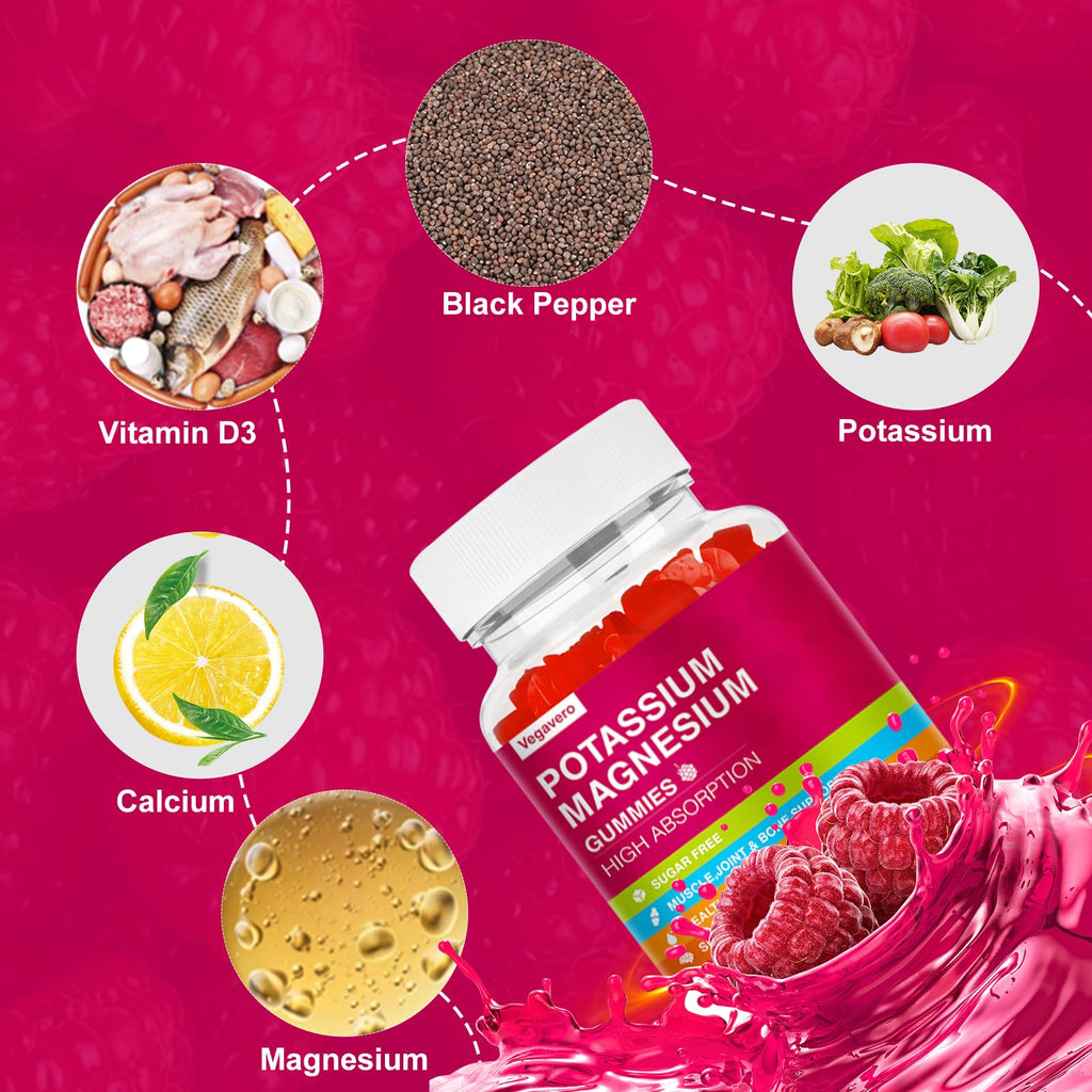 Potassium Magnesium Gummies - High Absorption Magnesium Glycinate & Potassium Citrate Plus Coenzyme Q10, DHA, D3, Mineral & Calcium for Zzz, Leg Cramps & Muscle - 60 Raspberry Gummies Vegavero Au supplements