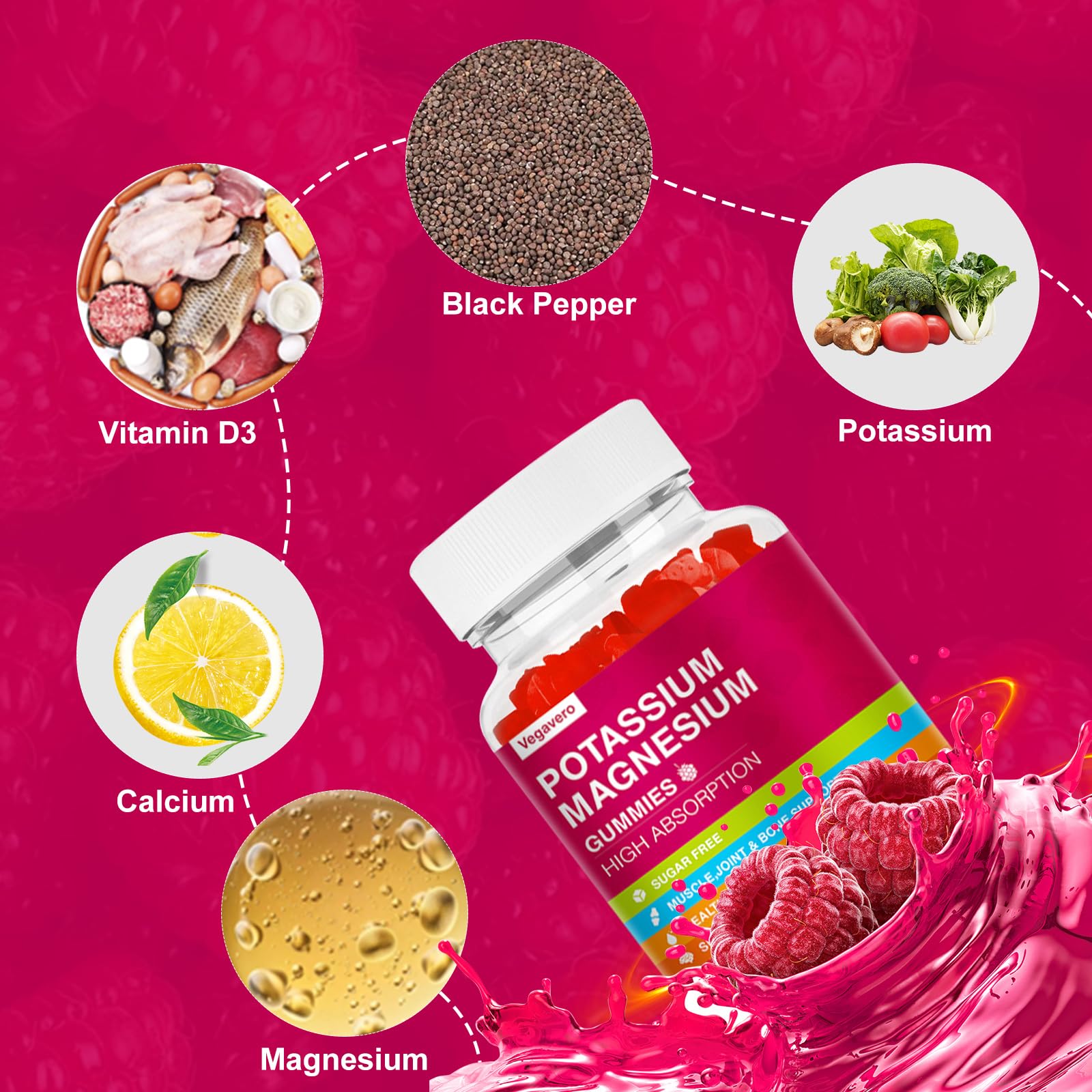 Potassium Magnesium Gummies - High Absorption Magnesium Glycinate & Potassium Citrate Plus Coenzyme Q10, DHA, D3, Mineral & Calcium for Zzz, Leg Cramps & Muscle - 60 Raspberry Gummies Vegavero Au supplements