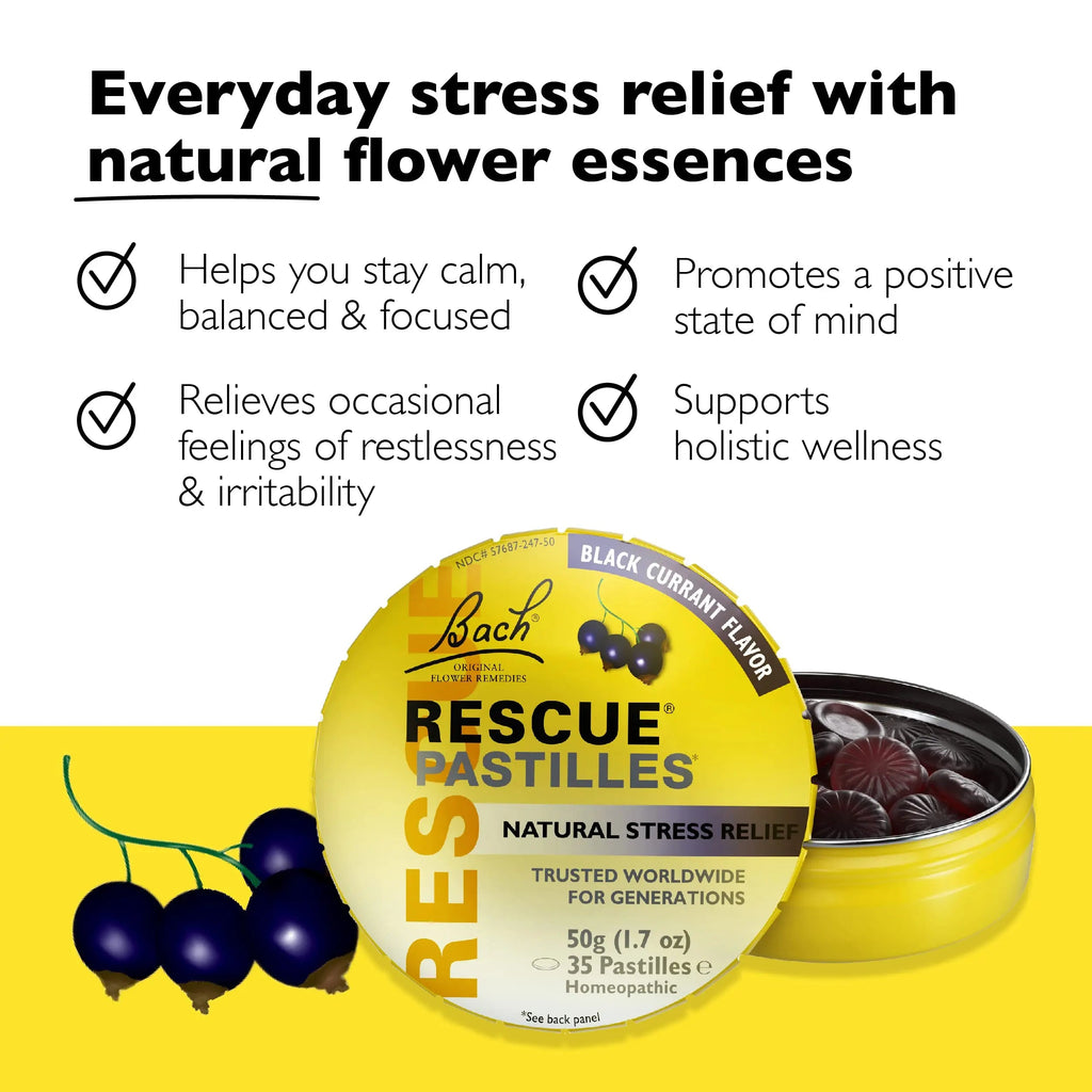 Bach RESCUE PASTILLES, Black Currant Flavor, Natural Stress Relief Lozenges, Homeopathic Flower RESCUE Au supplements