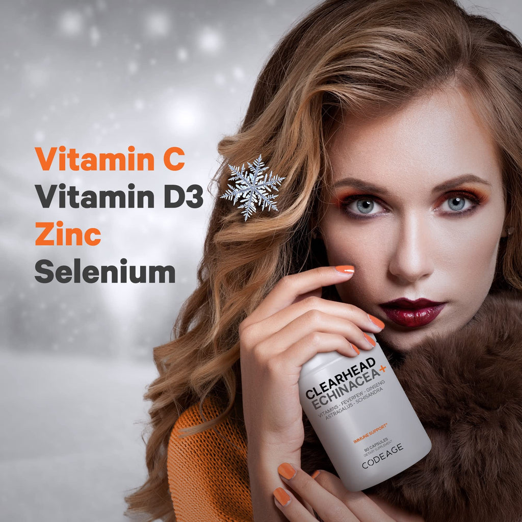 Codeage Clearhead Echinacea+ Supplement - Echinacea, Schisandra, Feverfew, Coptis, American Ginseng, Astragalus, Garlic, Probiotics, Vitamins C & D3, Zinc, Selenium - Clear Head Vitamin - 90 Capsules Codeage Au supplements