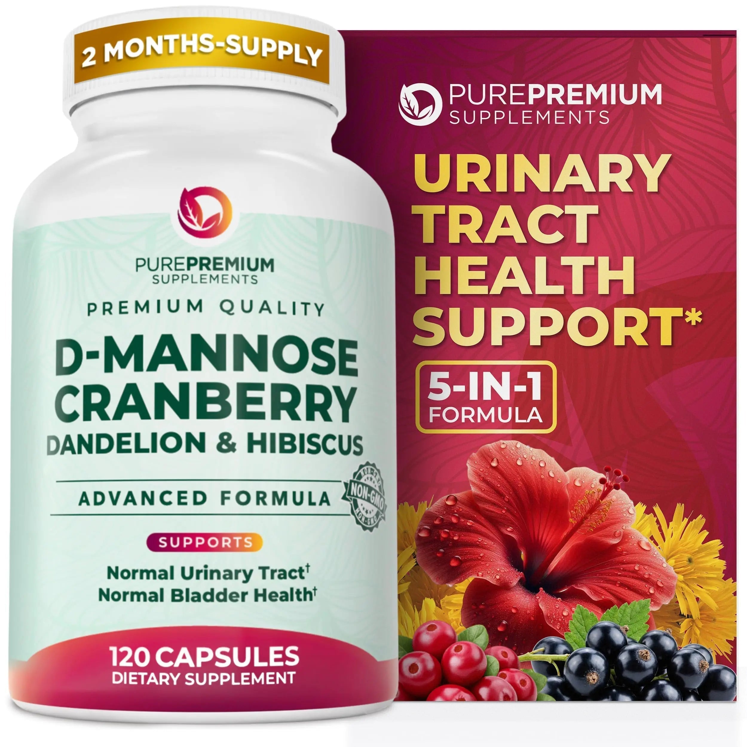 PurePremium D-Mannose with Cranberry, Hibiscus & Dandelion - 1000mg D-Mannose Supplements for Women Supports Urinary Tract Health & Bladder Health - Made in USA, Vegan, 120 Capsules, 2 Month Supply PurePremium Supplements Au supplements