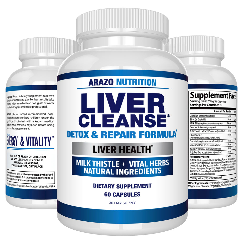 Arazo Nutrition Liver Cleanse Detox & Repair Formula – Milk Thistle Herbal Support Supplement: Silymarin, Beet