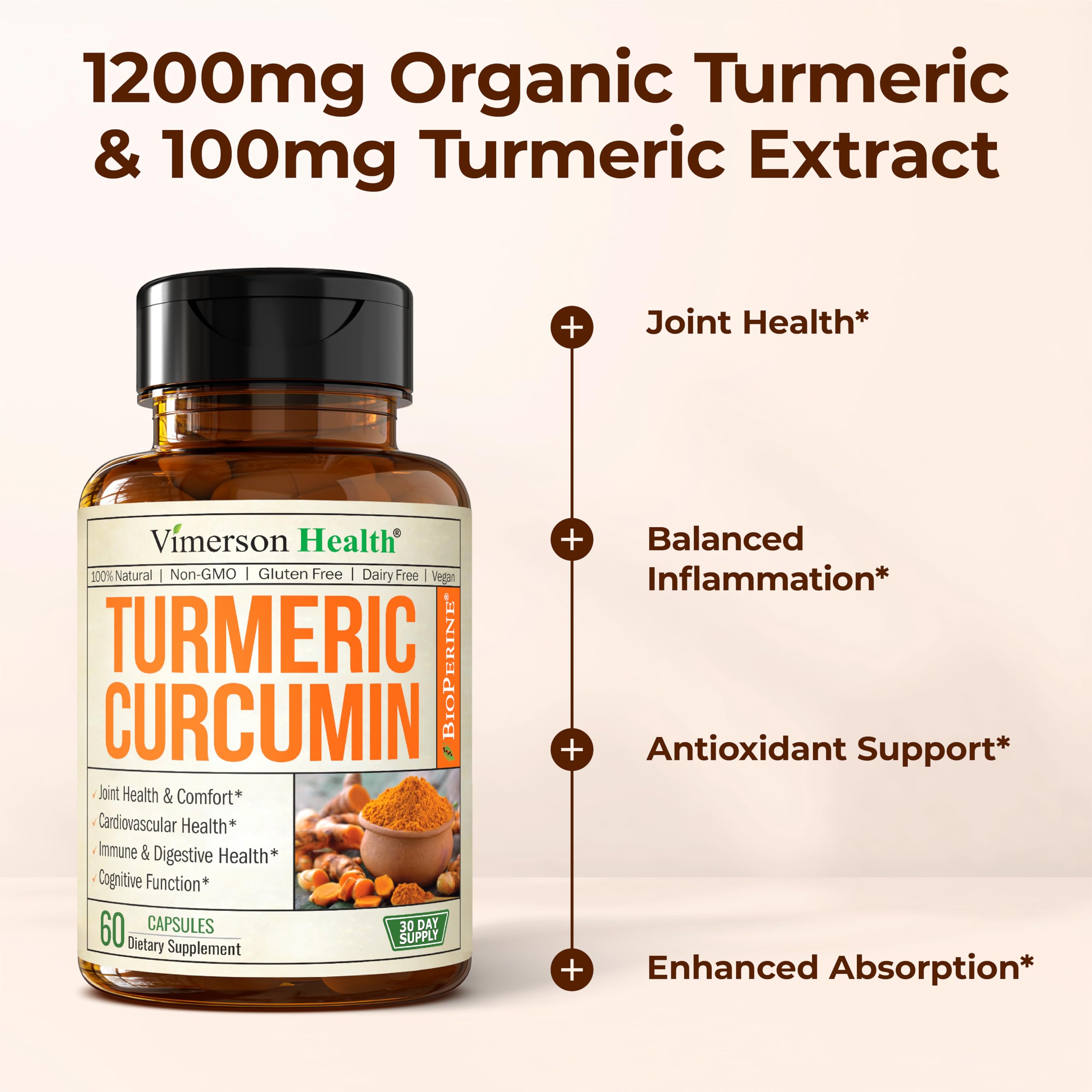 Turmeric with Black Pepper - High Potency Organic 1200mg Turmeric Curcumin Supplement for Joint Support & Digestive Health - Curcumin with Black Pepper