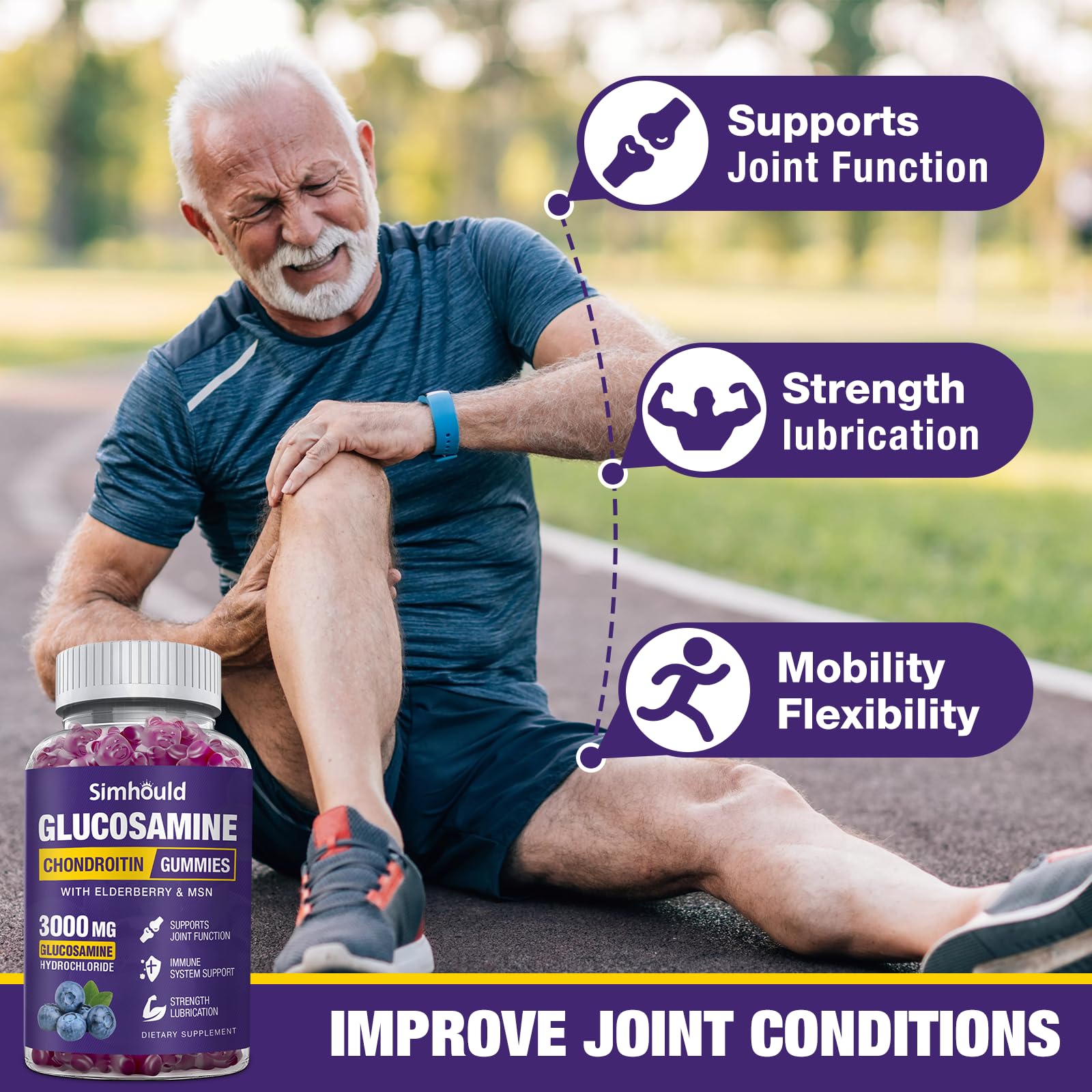 Simhould 2 Packs Glucosamine Chondroitin Gummies - 3000MG Extra Strength Joint Support Supplement with MSM & Elderberry, Flexibility, Antioxidant Immune Support