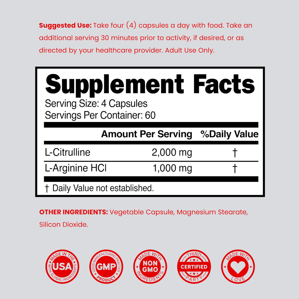 L Arginine L Citrulline Supplement 3000mg (240 Capsules) Nitric Oxide Pills for Men - Stamina, Endurance, Performance for Workouts - NO Supplements for Men
