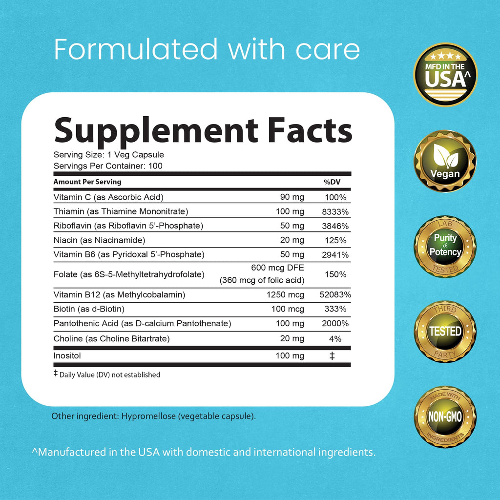 NaturaLife Labs Vitamin B Complex – All B Vitamins Including Active B2, B6, B9 & B12 (Methylcobalamin), Plus B1, B3, B5, B7 & Vitamin C – 100 Capsules