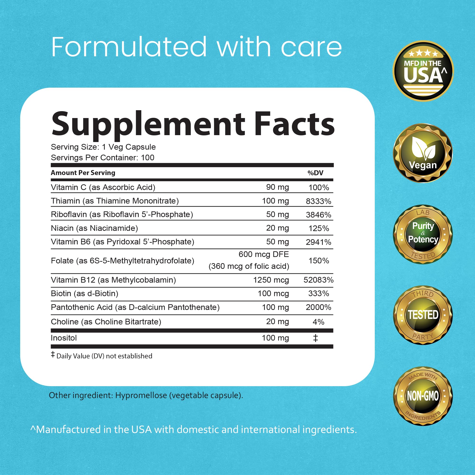 NaturaLife Labs Vitamin B Complex – All B Vitamins Including Active B2, B6, B9 & B12 (Methylcobalamin), Plus B1, B3, B5, B7 & Vitamin C – 100 Capsules