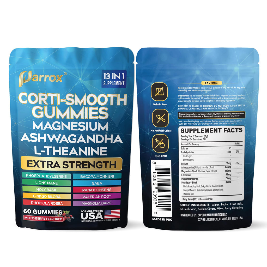 Parrox Corti-Smooth Cortisol Support Gummies with Magnesium, L-Theanine, Ashwagandha, Phosphatidylserine, Bacopa Monnieri, Lions Mane, Ginkgo Biloba, Valerian Root (60 Gummies - Mixed Berry Flavor) Parrox Au supplements