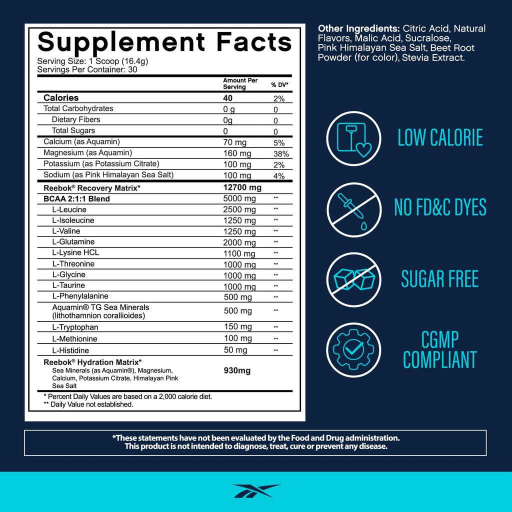Reebok REEcover Amino Acids + Electrolytes | 8g EAAs, 5g BCAAs, Hydration Matrix | Muscle Recovery, Strength | Post-Workout Support