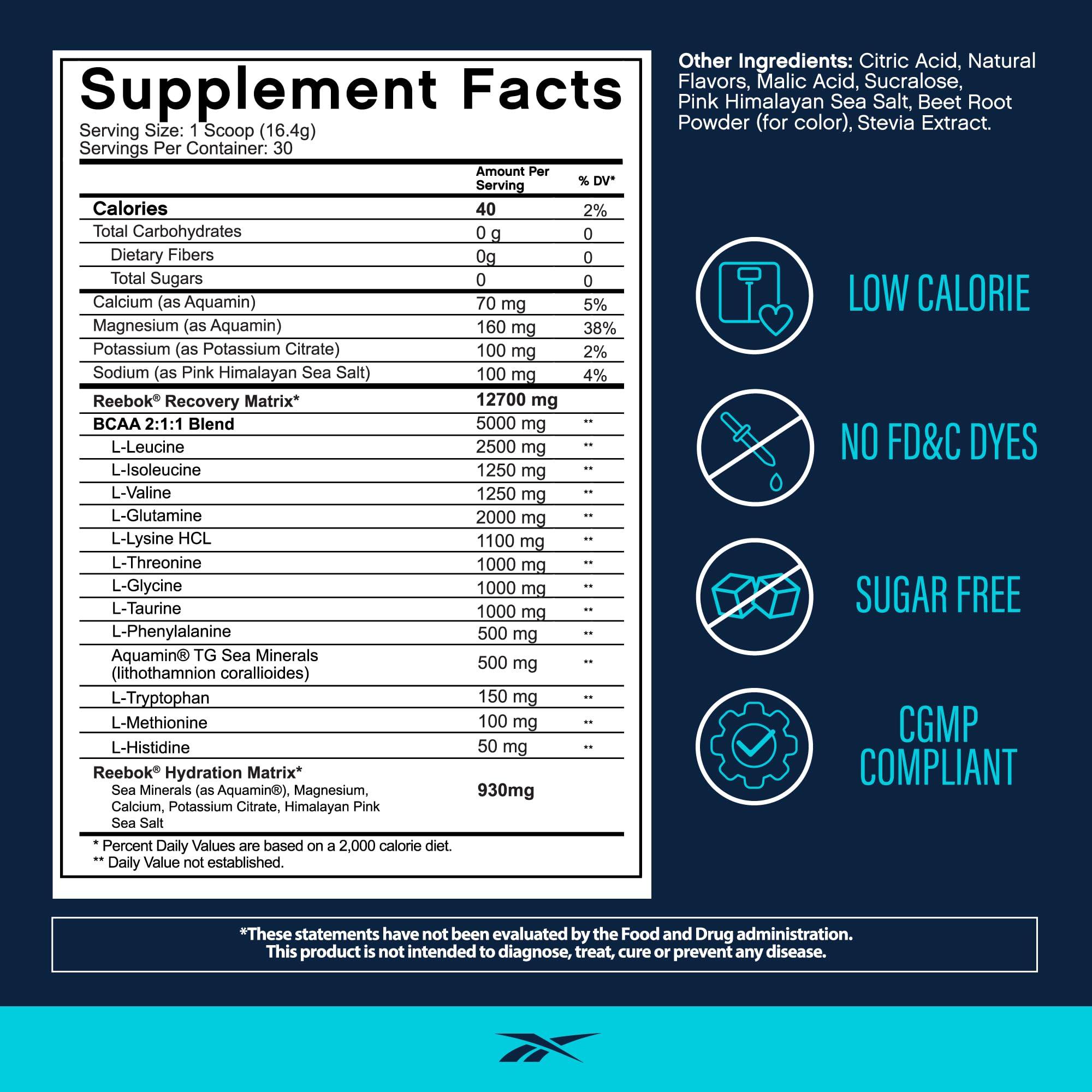 Reebok REEcover Amino Acids + Electrolytes | 8g EAAs, 5g BCAAs, Hydration Matrix | Muscle Recovery, Strength | Post-Workout Support