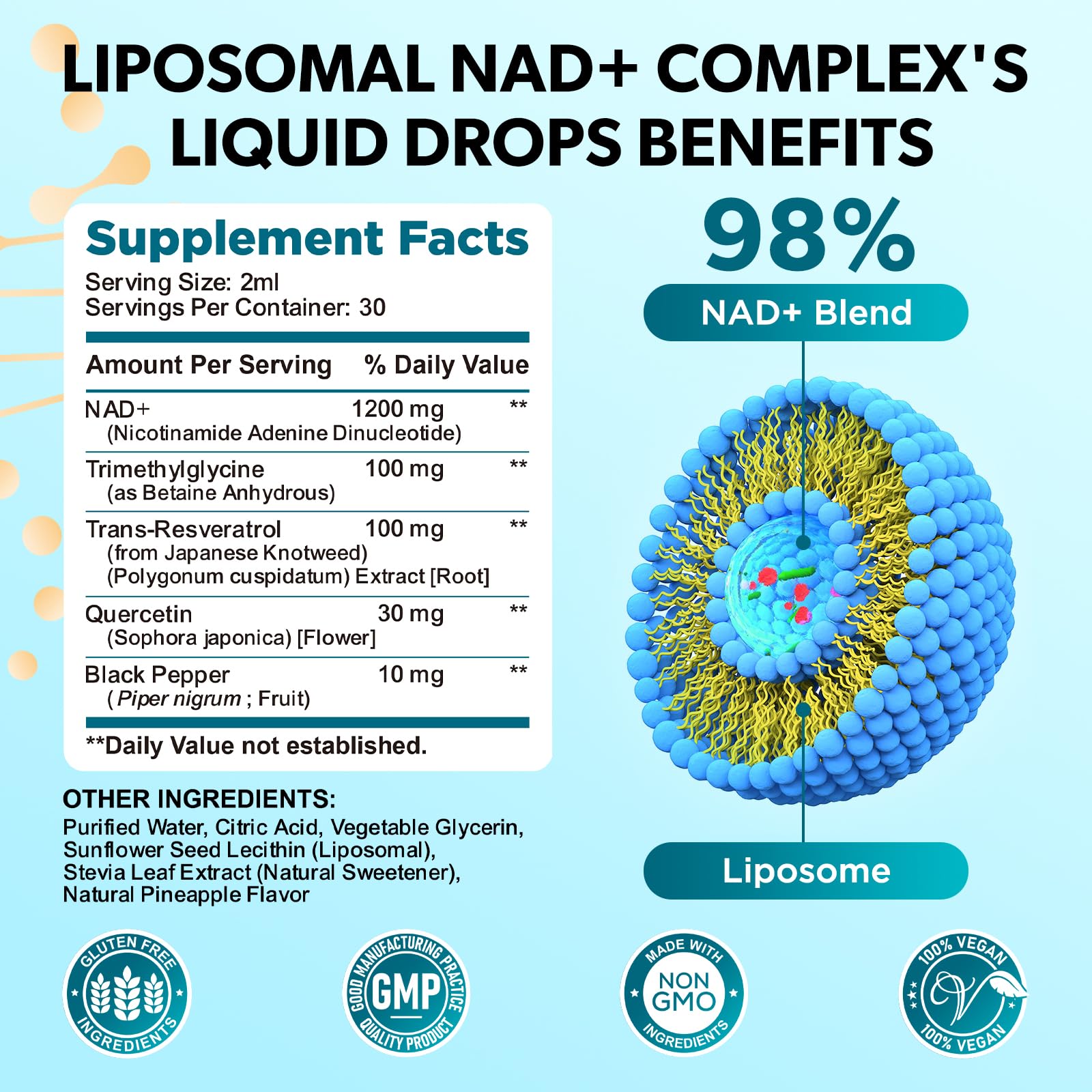 GZ HAOYUAN NAD Liquid Supplement for Women, Liposomal NAD+ Drops 1200MG with NAD Plus Resveratrol, Tmg, Quercetin, Anti-Aging, Cell Regeneration, Energy & Metabolism Support, Pineapple Flavor GZ HAOYUAN Au supplements