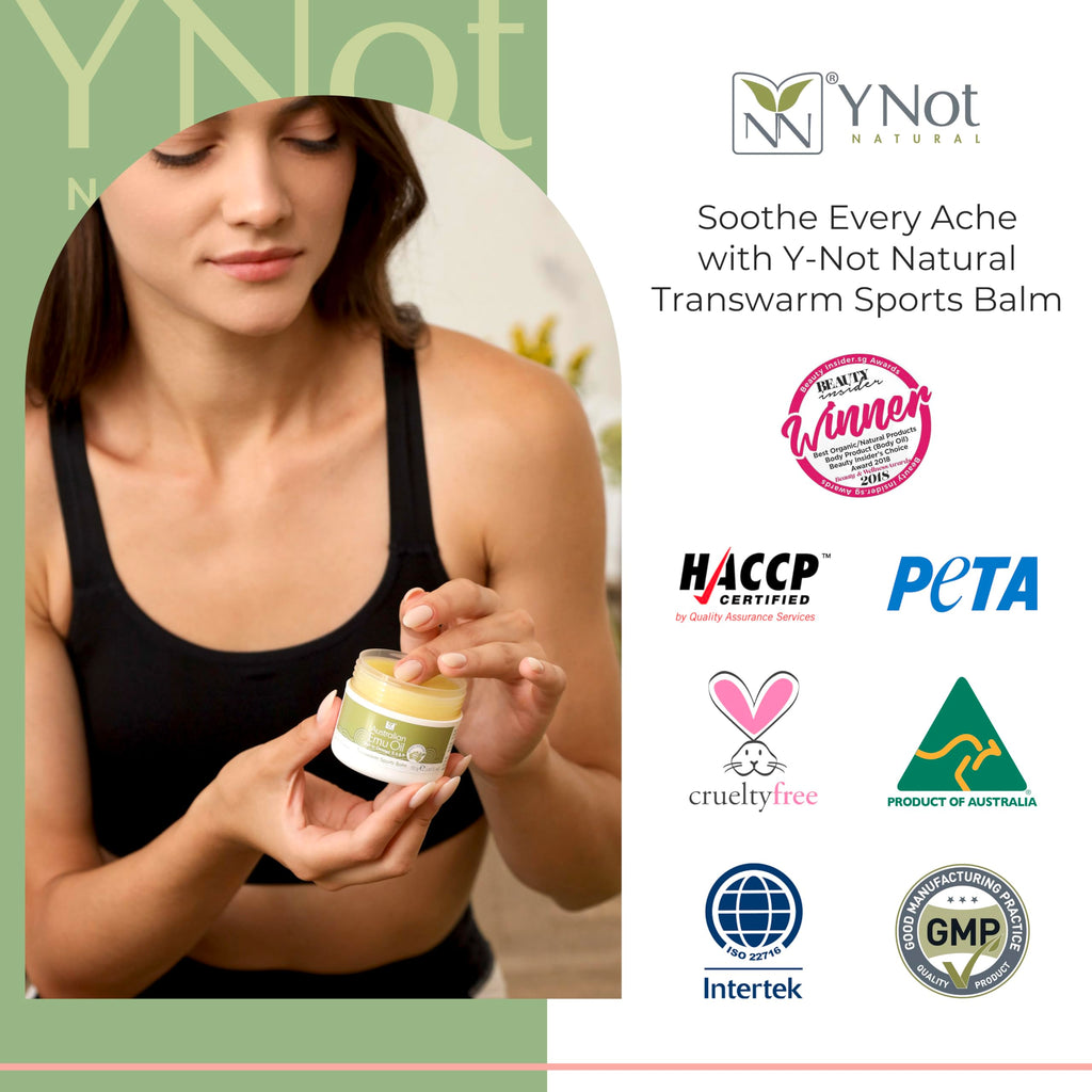 Y Not Natural Transwarm Sports Balm with Pure Emu Oil, Vitamins A, D, E, F & K2, Omega 3 6 9, & Tea Tree Oil Essential Oils - 50g Rub for Joint, Back, Muscle Stiffness & Soothing Itch Relief Y Not Natural Au supplements