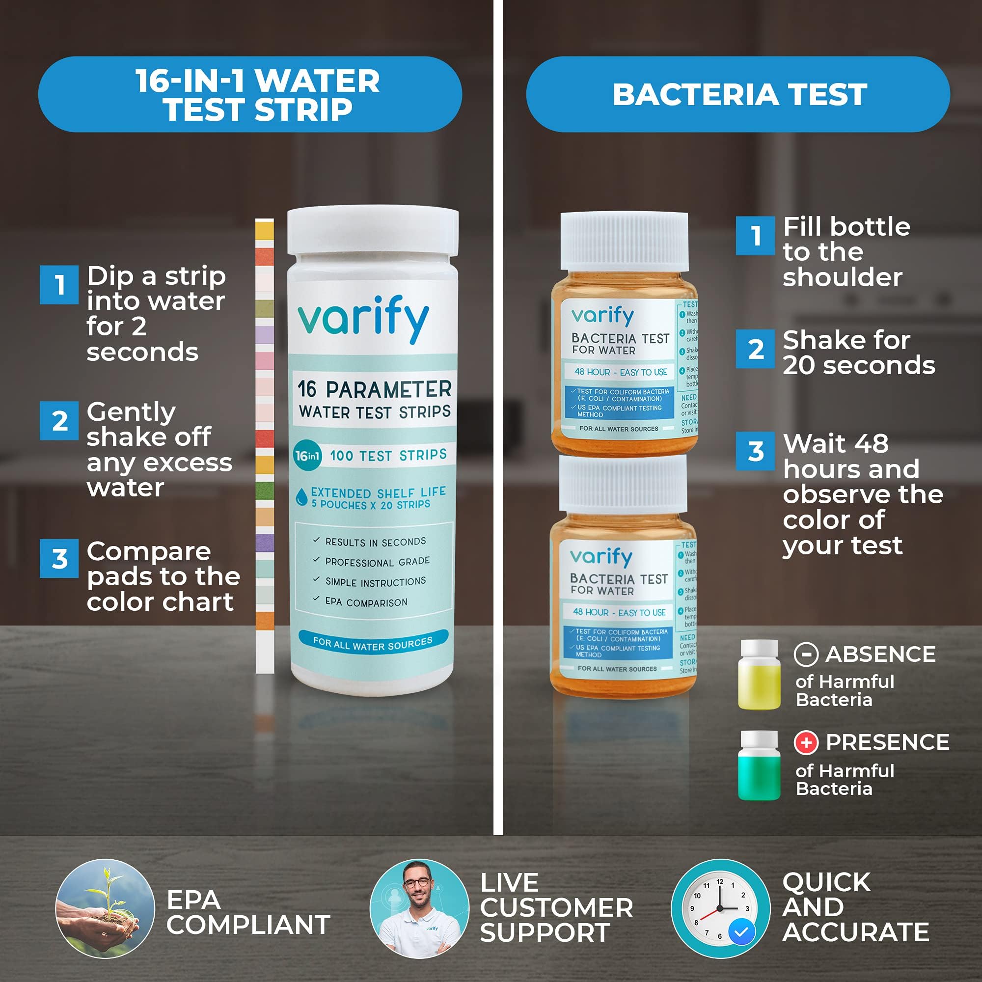 Varify 17in1 Complete Drinking Water Test Kit - 100 Strips + 2 Bacteria Tester Kits - Well, Tap, Home, City Water Testing Strip for Lead, Alkaline, Chlorine, Hardness, Iron, Fluoride, Copper & More VARIFY Au supplements