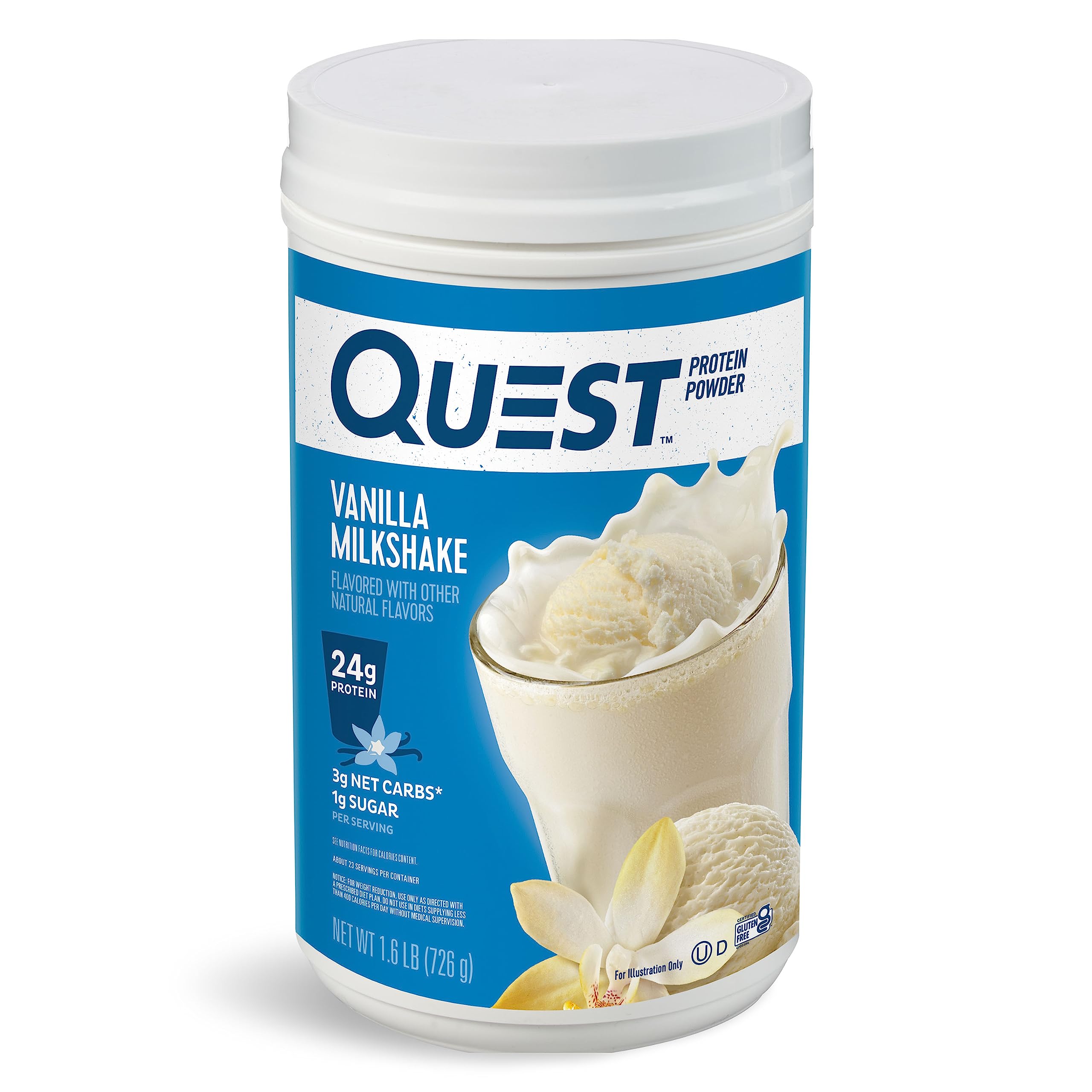Quest Nutrition Vanilla Milkshake Protein Powder, 24g of Protein, 1g of Sugar, Low Carb, Gluten Free, 1.6 Pound, 23 Servings