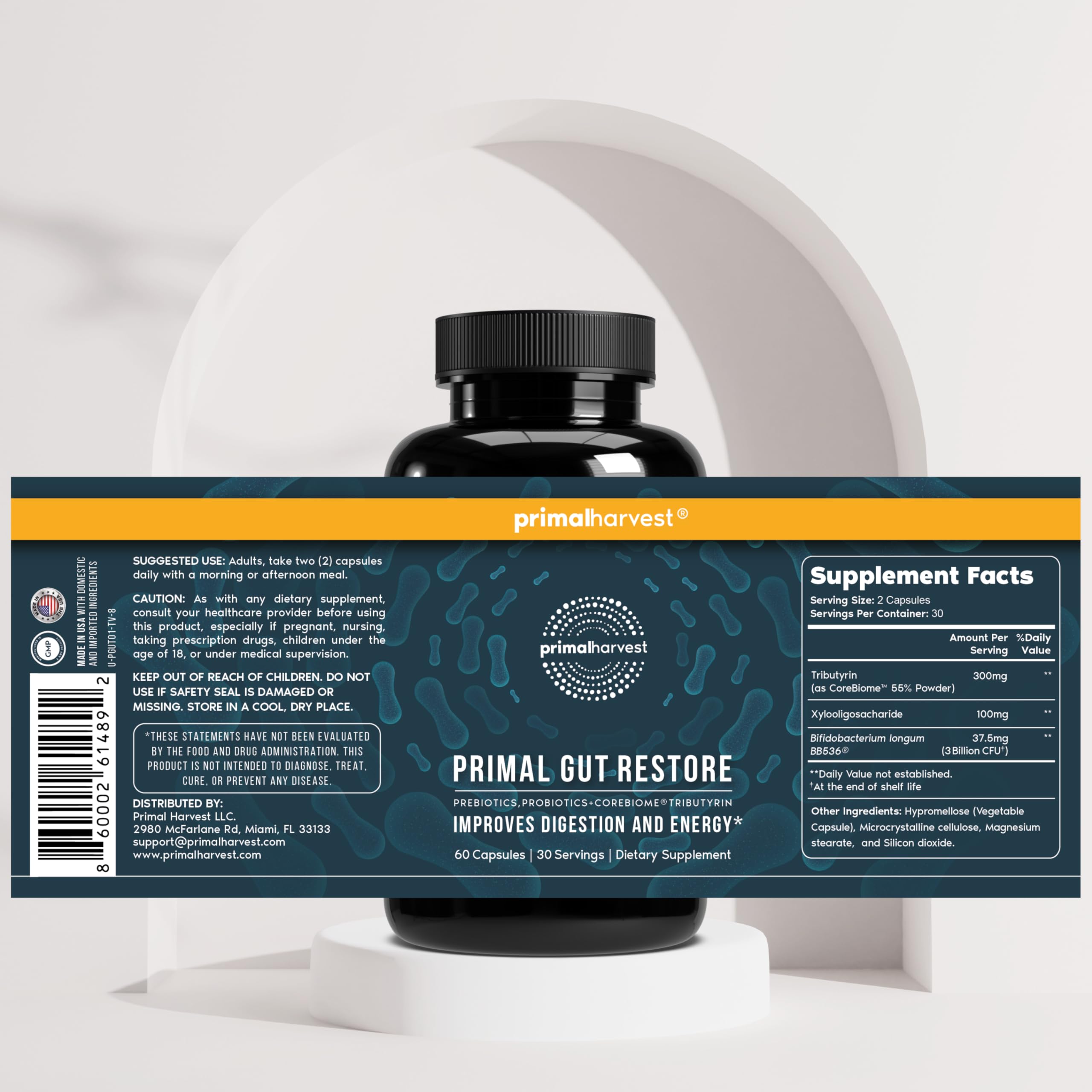Primal Harvest Restore for Gut Health, Primal Gut Restore w/POSTbiotics, PREbiotics and PRObiotics for Women and Men, 60 CT - Digestion, Colon Cleanse,