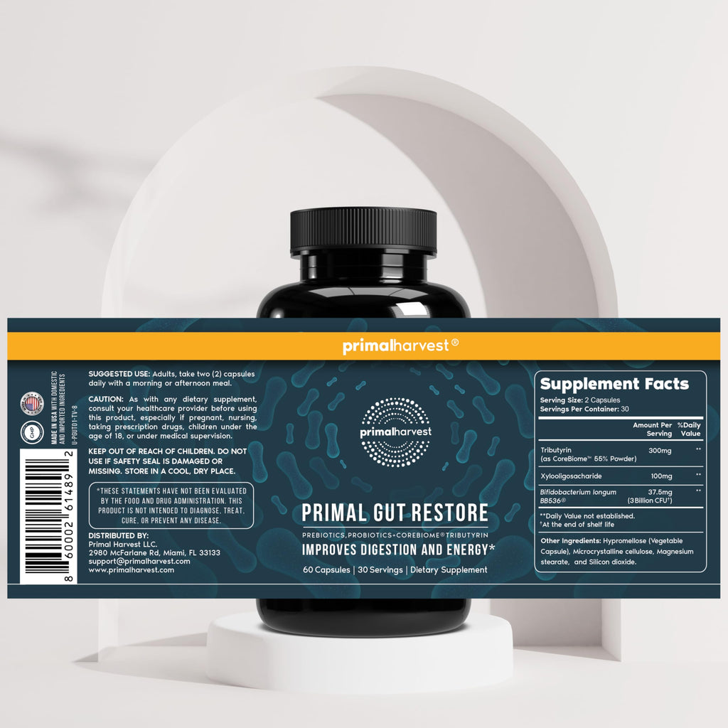 Primal Harvest 2 Pack, Restore for Gut Health, Primal Gut Restore w/POSTbiotics, PREbiotics and PRObiotics for Women and Men, 60 CT - Digestion,