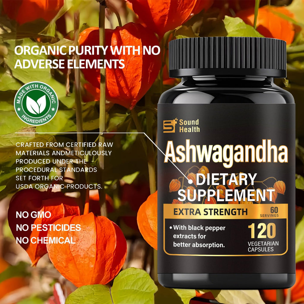 7000mg Ashwagandha Supplements Powder (20:1 Root Extract), 120 Organic Ashwagandha Capsules for Women & Men, Black Pepper & BioPerine for Absorption, Non GMO, Third-Party Tested, Gluten Free SoundHealth Au supplements