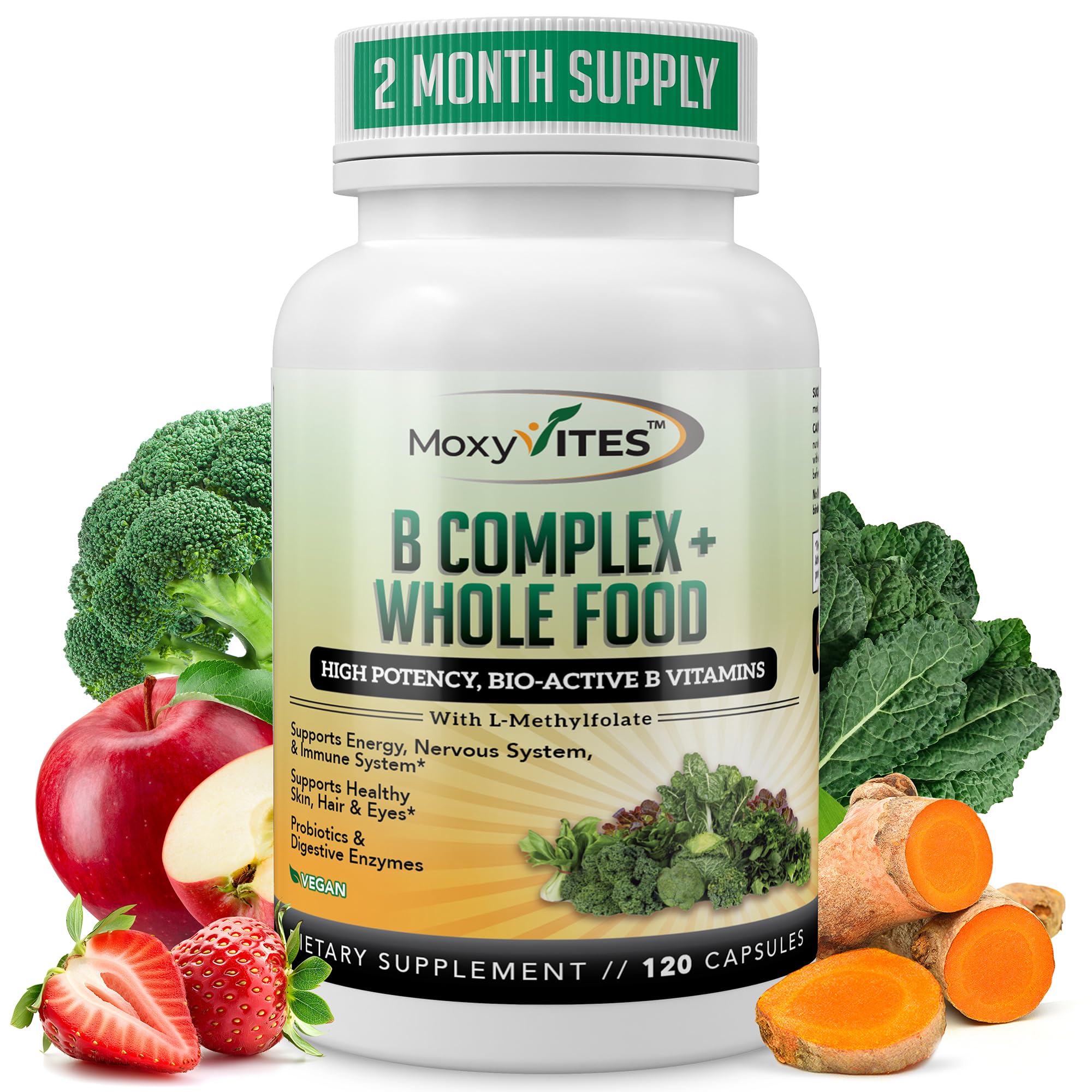 MoxyVites Vitamin B Complex - B Vitamins Whole Food Supplement, B12 Methylcobalamin, B1, B2, B3, B5, B6, B7, B9 - for Stress