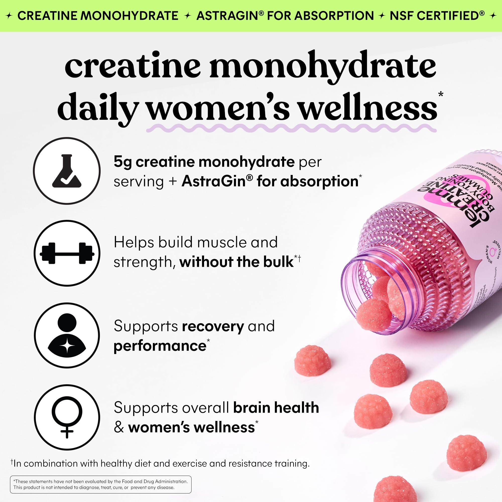 Lemme Creatine Monohydrate Gummies for Women and Men, 5g Dose to Support Lean Muscle, Strength, Recovery, Cognitive Health, w/Ginseng for Absorption