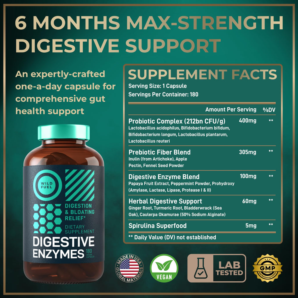 Complete Digestive Enzymes for Women & Men - 800mg Vegan Digestive Enzymes and Probiotics Prebiotics - Bloating Support, Gut Health & Digestion Supplement