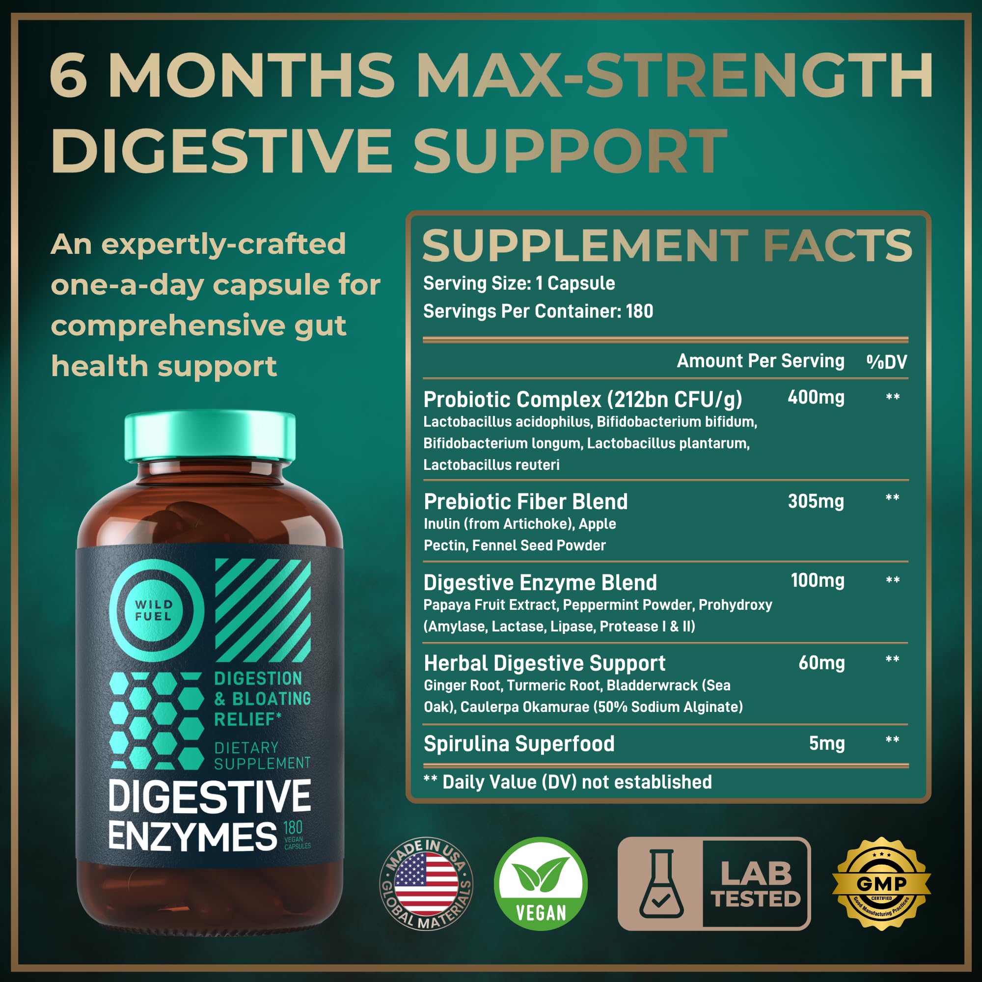 Complete Digestive Enzymes for Women & Men - 800mg Vegan Digestive Enzymes and Probiotics Prebiotics - Bloating Support, Gut Health & Digestion Supplement