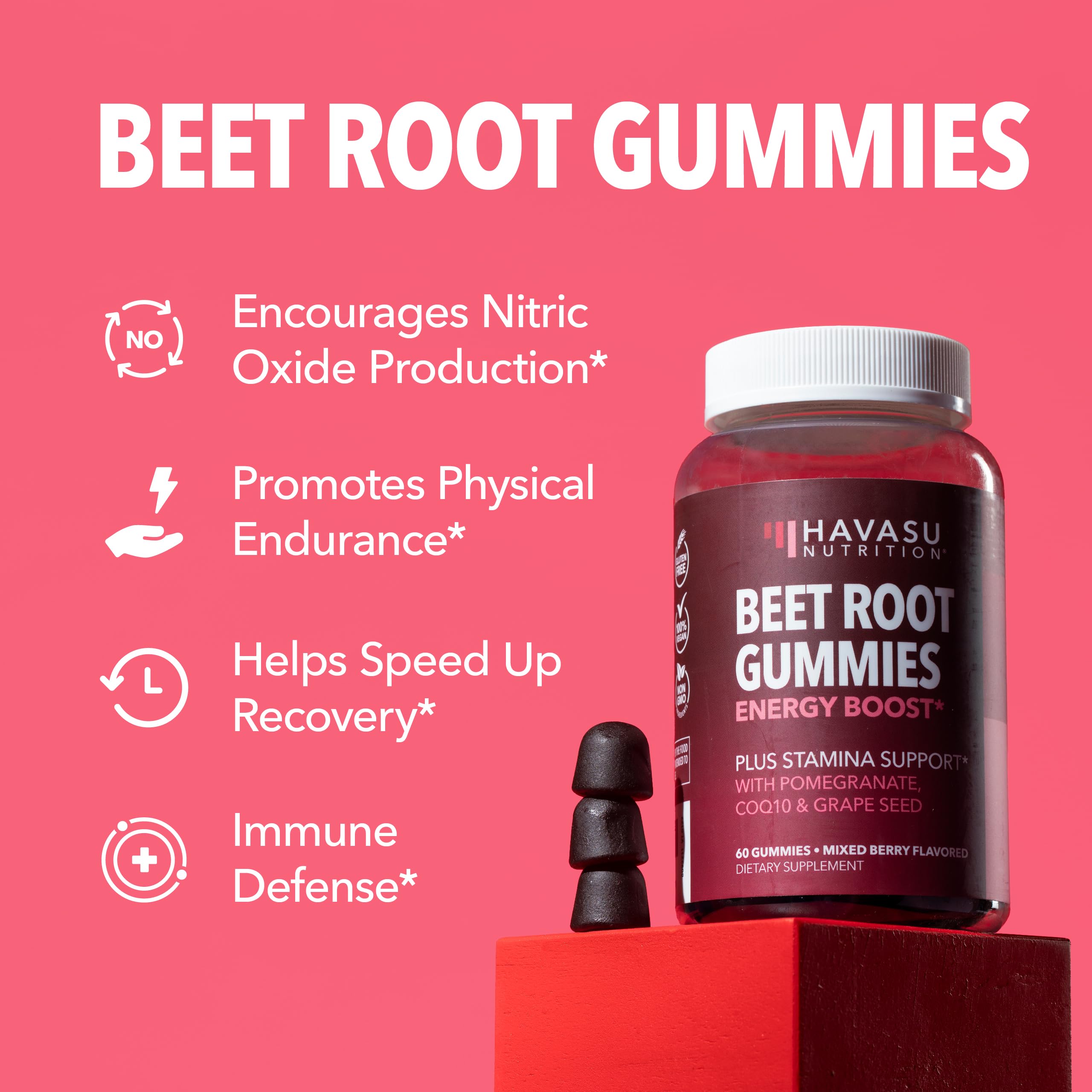 Beet Root Gummies with COQ10 & Pomegranate - Nitric Oxide Supplement for Men and Women - Beetroot for Endurance, Performance, Recovery - Vegan, Non-GMO, Gluten Free