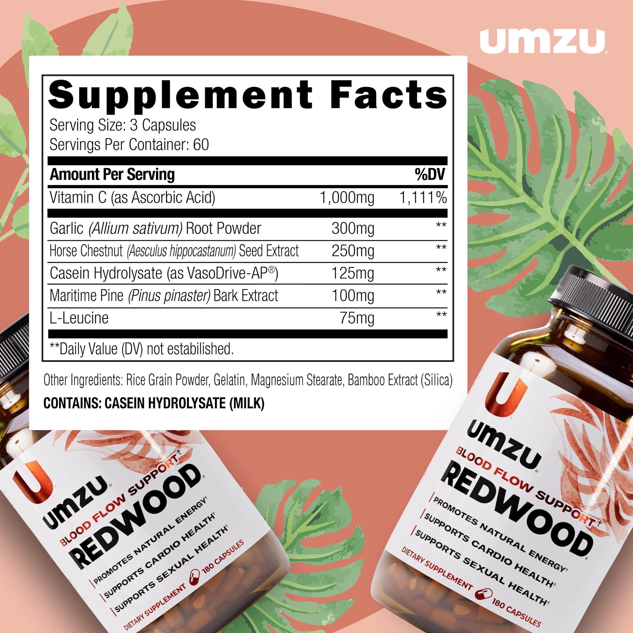 UMZU Redwood Nitric Oxide Booster, (30 Day Supply) – Vitamin C, Garlic & Horse Chestnut – Healthy Circulation & Endurance – Daily Cardiovascular Support Nitric Oxide