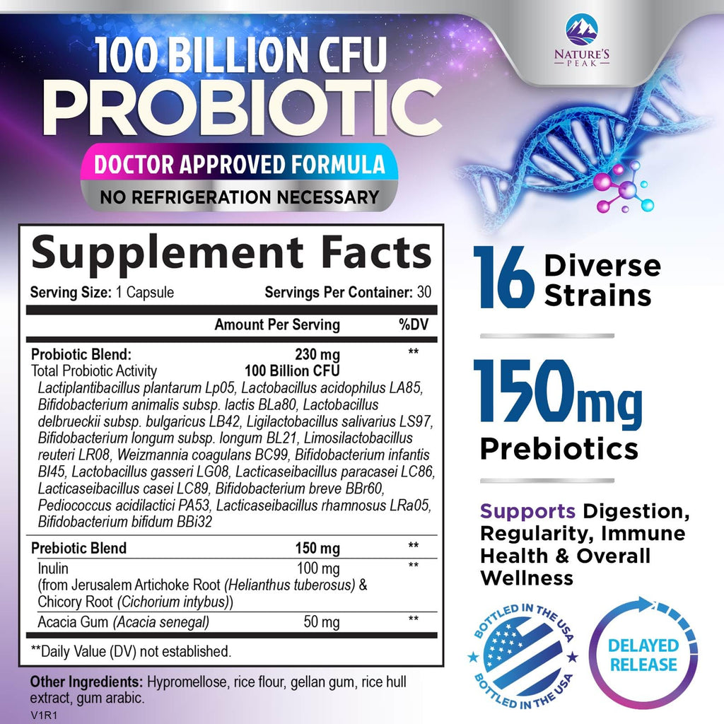 Probiotics 100 Billion CFU - 16 Premium Strains + Prebiotics - Best Probiotics for Women & Men - Supports Immune, Digestive & Gut Health, Supports Occasional Constipation, Gas & Bloating - 30 Capsules Nature's Peak Au supplements