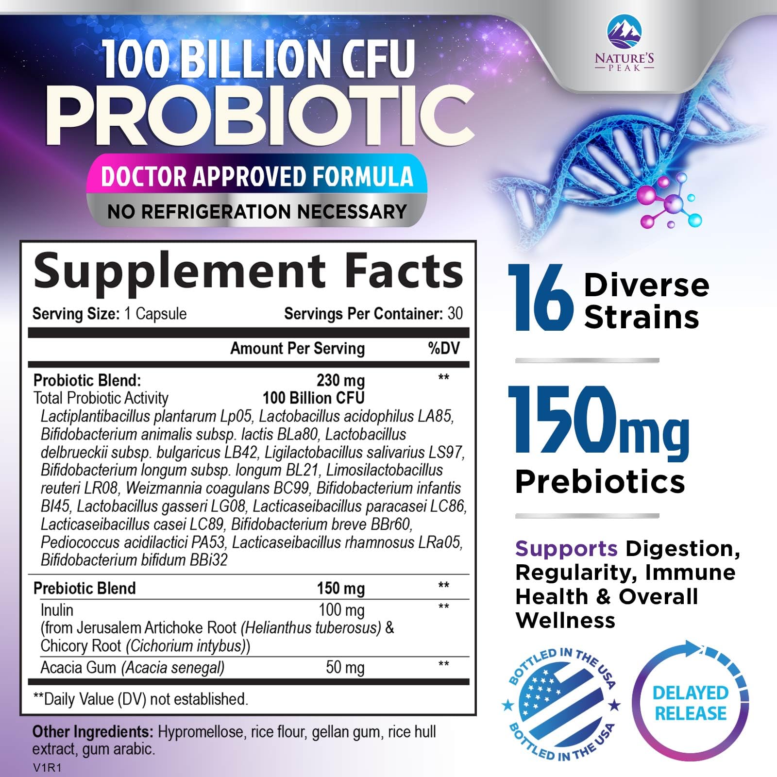 Probiotics 100 Billion CFU - 16 Premium Strains + Prebiotics - Best Probiotics for Women & Men - Supports Immune, Digestive & Gut Health, Supports Occasional Constipation, Gas & Bloating - 30 Capsules Nature's Peak Au supplements