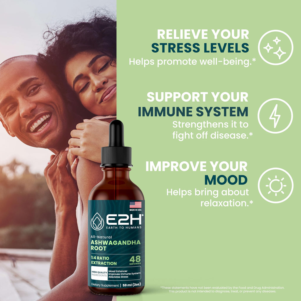 E2H Ashwagandha Liquid Drops - All-Natural Ashwagandha Supplement for Stress Relief and Mood Enhancer- Organic Ashwagandha Root Extract Effective Cortisol Manager | Non-GMO, Vegan | 2 Fl Oz E2H EARTH TO HUMANS Au supplements