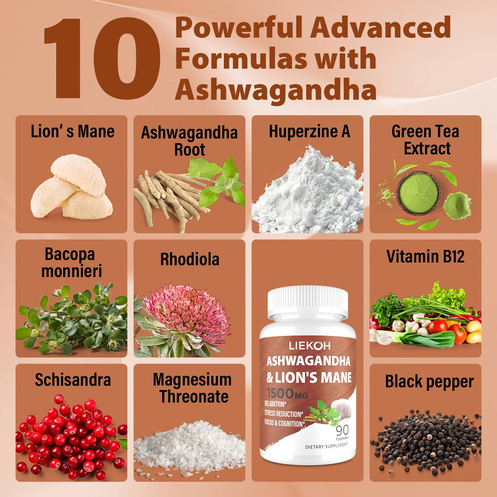 Liekoh Ashwagandha & Lions Mane Supplement Capsules, Brain Supplements for Memory and Focus, Ashwagandha Supplement with Rhodiola & Black Peppe, Cortisol Supplements for Women & Men,90 Caps Liekoh Au supplements