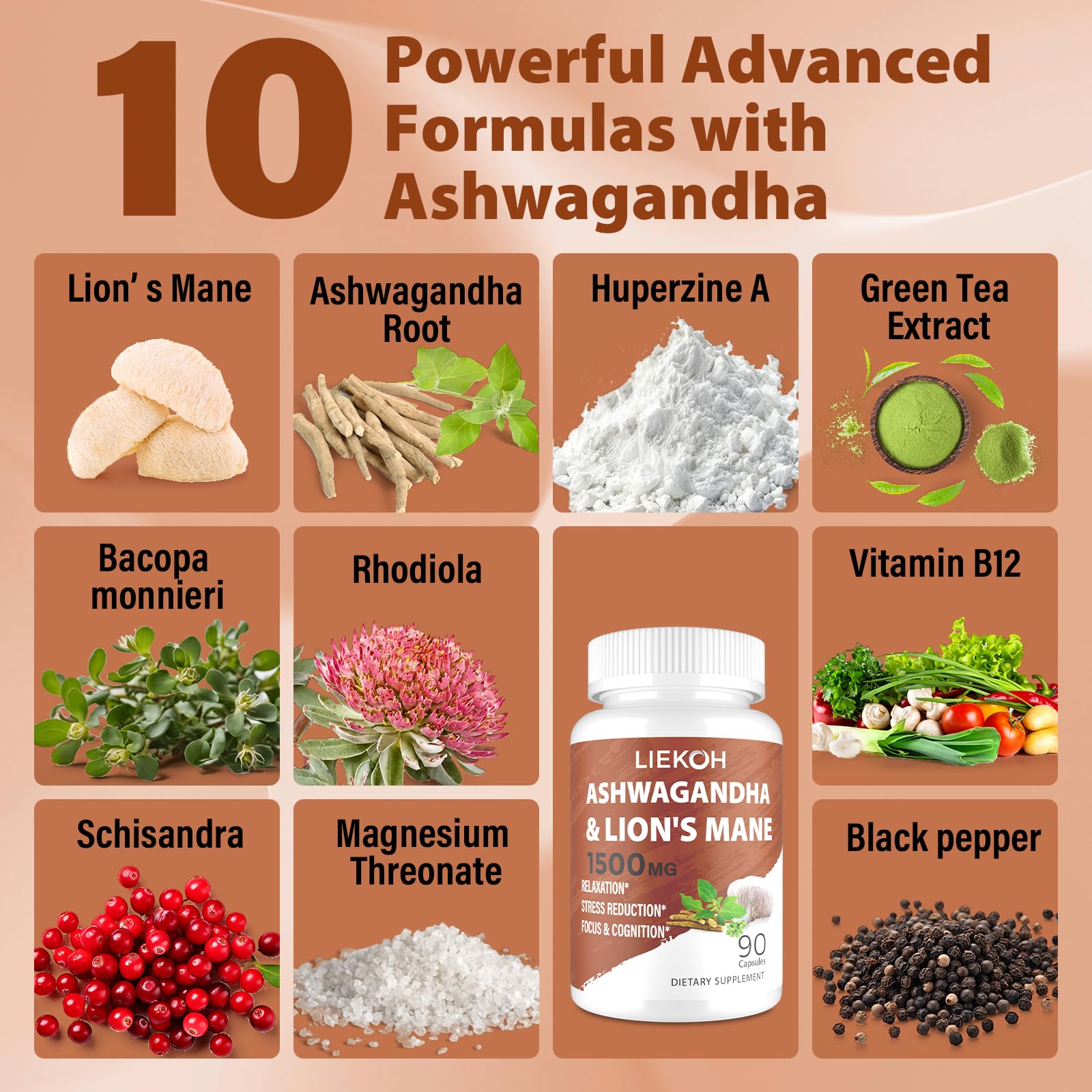 Liekoh Ashwagandha & Lions Mane Supplement Capsules, Brain Supplements for Memory and Focus, Ashwagandha Supplement with Rhodiola & Black Peppe, Cortisol Supplements for Women & Men,90 Caps Liekoh Au supplements